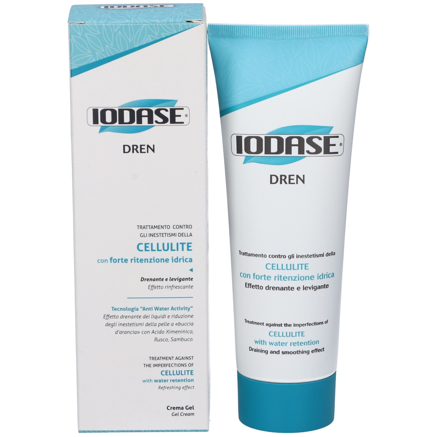 Tubo crema e scatola. Scritta IODASE DREN. Testo sul trattamento della cellulite. Confezione bianca e blu.