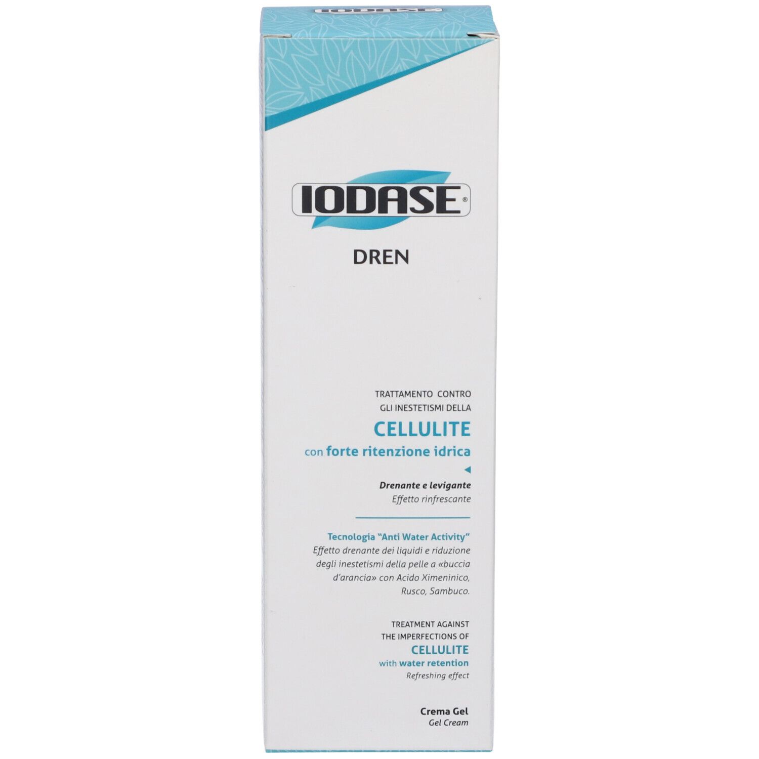 Scatola, bianca e blu. Scritta IODASE DREN. Testo sul trattamento della cellulite. Nome del prodotto e logo.