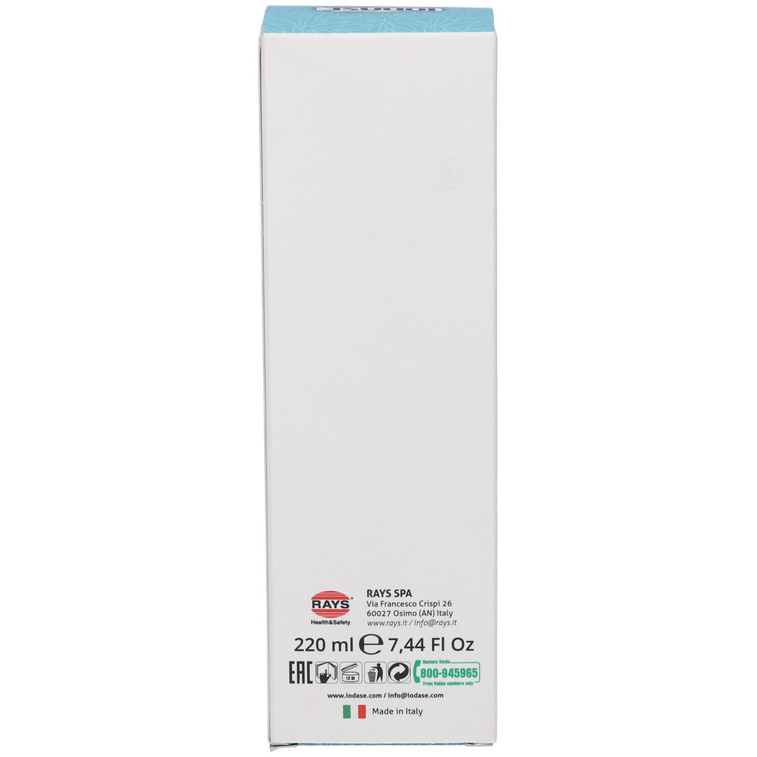 Scatola, retro. Informazioni produttore, ingredienti e contatti.