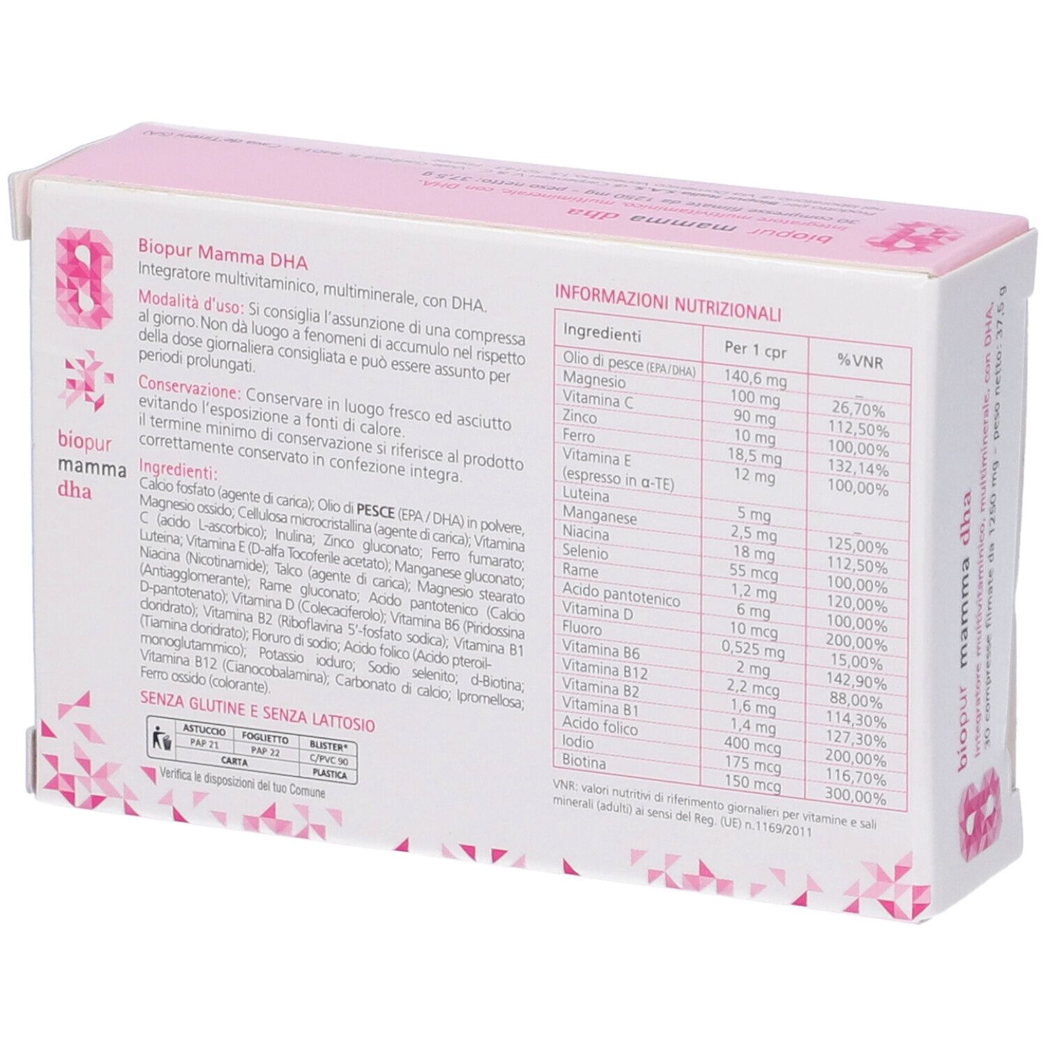 Retro della scatola con ingredienti e informazioni nutrizionali. Rosa e bianco. Testo: Integratore multivitaminico, multimineral, con DHA.