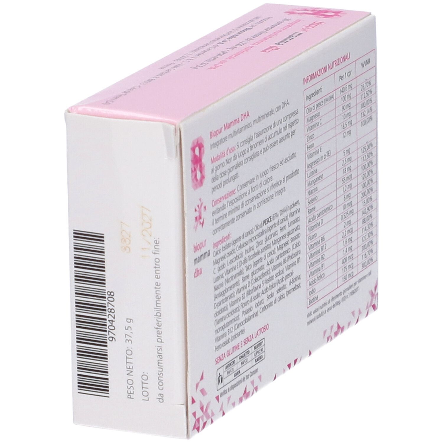 Scatola in vista obliqua con testo e codice a barre. Rosa e bianco. Testo: Integratore multivitaminico, multimineral, con DHA.