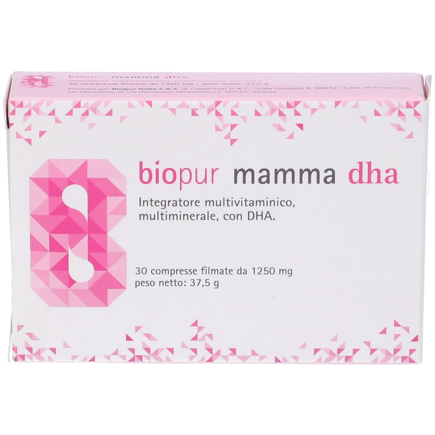Scatola rosa e bianca con logo e nome del prodotto. Contiene 30 compresse. Testo: Integratore multivitaminico, multimineral, con DHA.