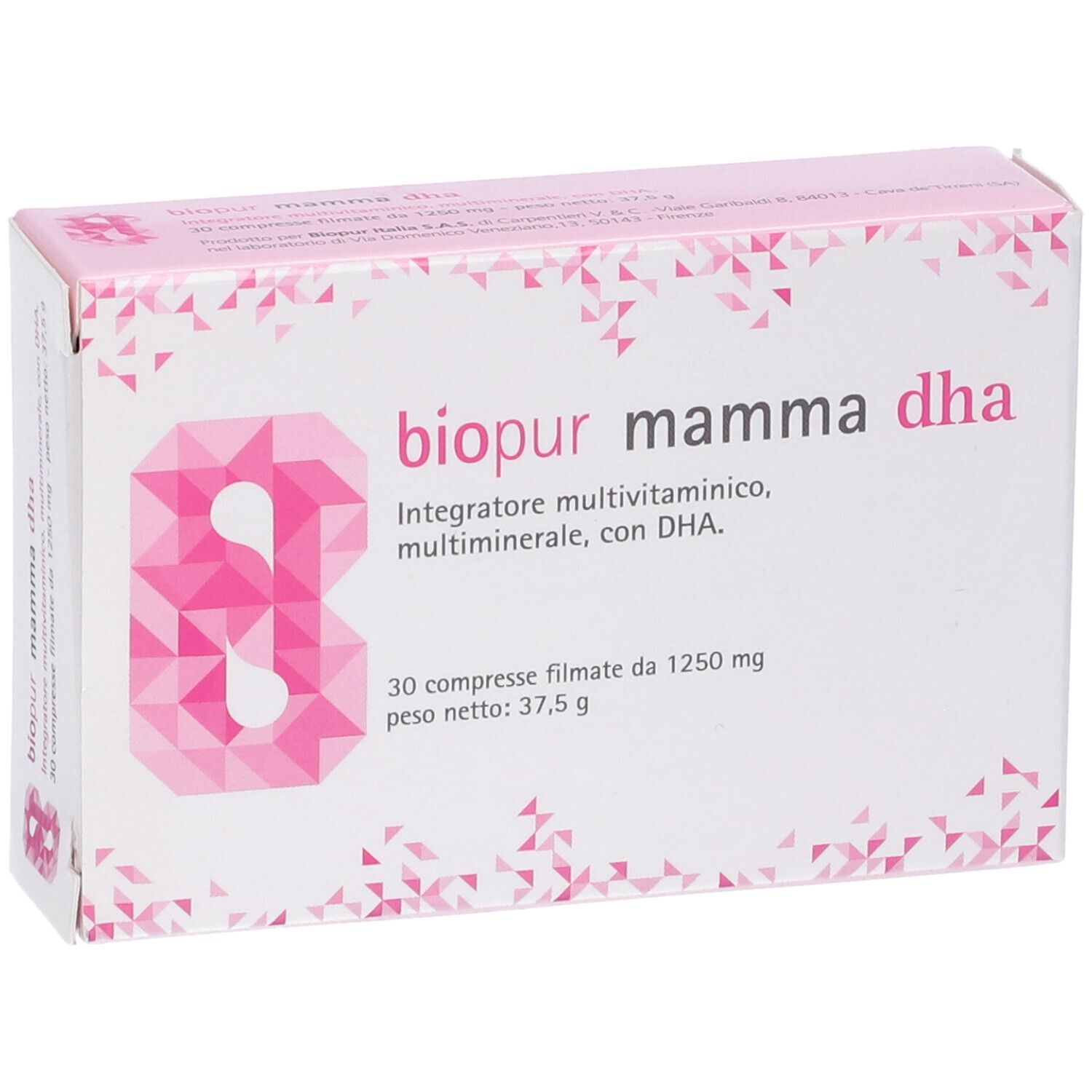 Scatola rosa e bianca con logo e nome del prodotto. Contiene 30 compresse. Testo: Integratore multivitaminico, multimineral, con DHA.