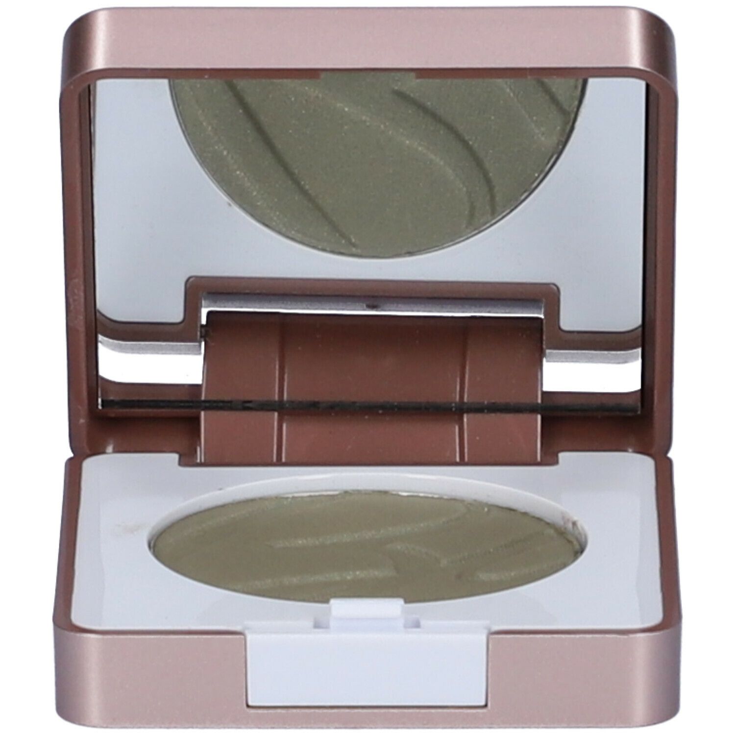 Contenitore per ombretto color oro rosa con specchio e ombretto verde. Coperchio aperto.