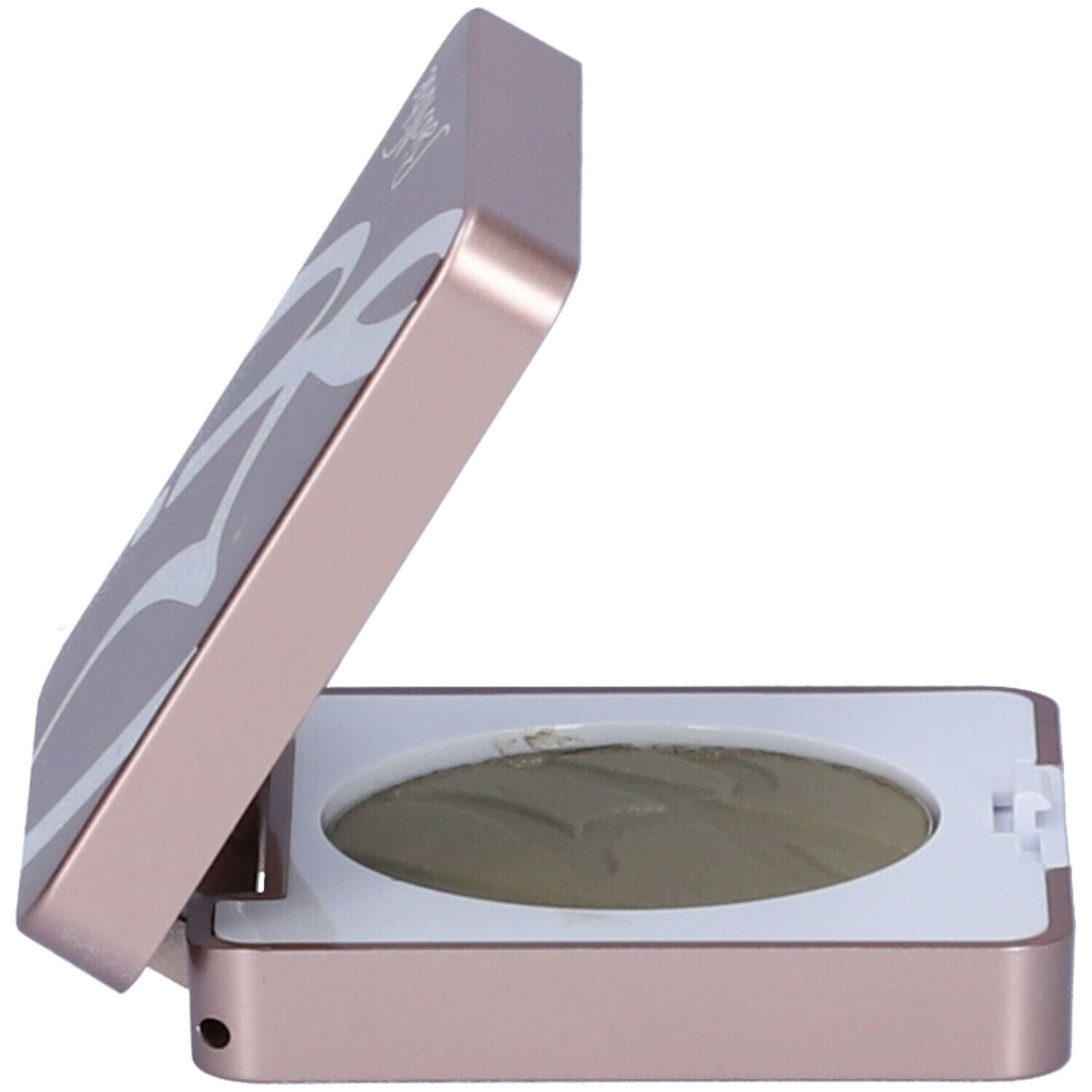 Contenitore per ombretto color oro rosa con specchio e ombretto verde. Coperchio aperto.