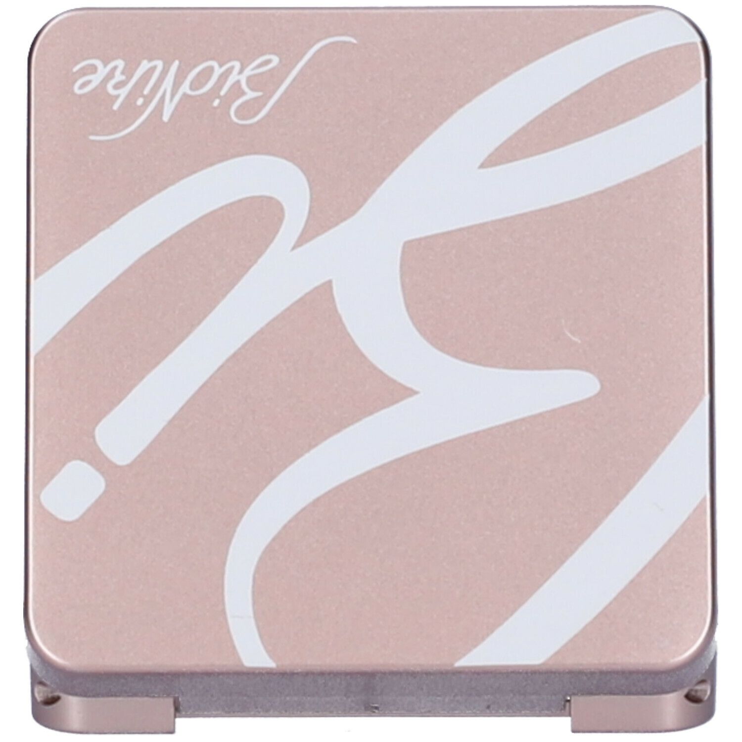 Contenitore per ombretto color oro rosa con logo bianco sul coperchio. Coperchio aperto.