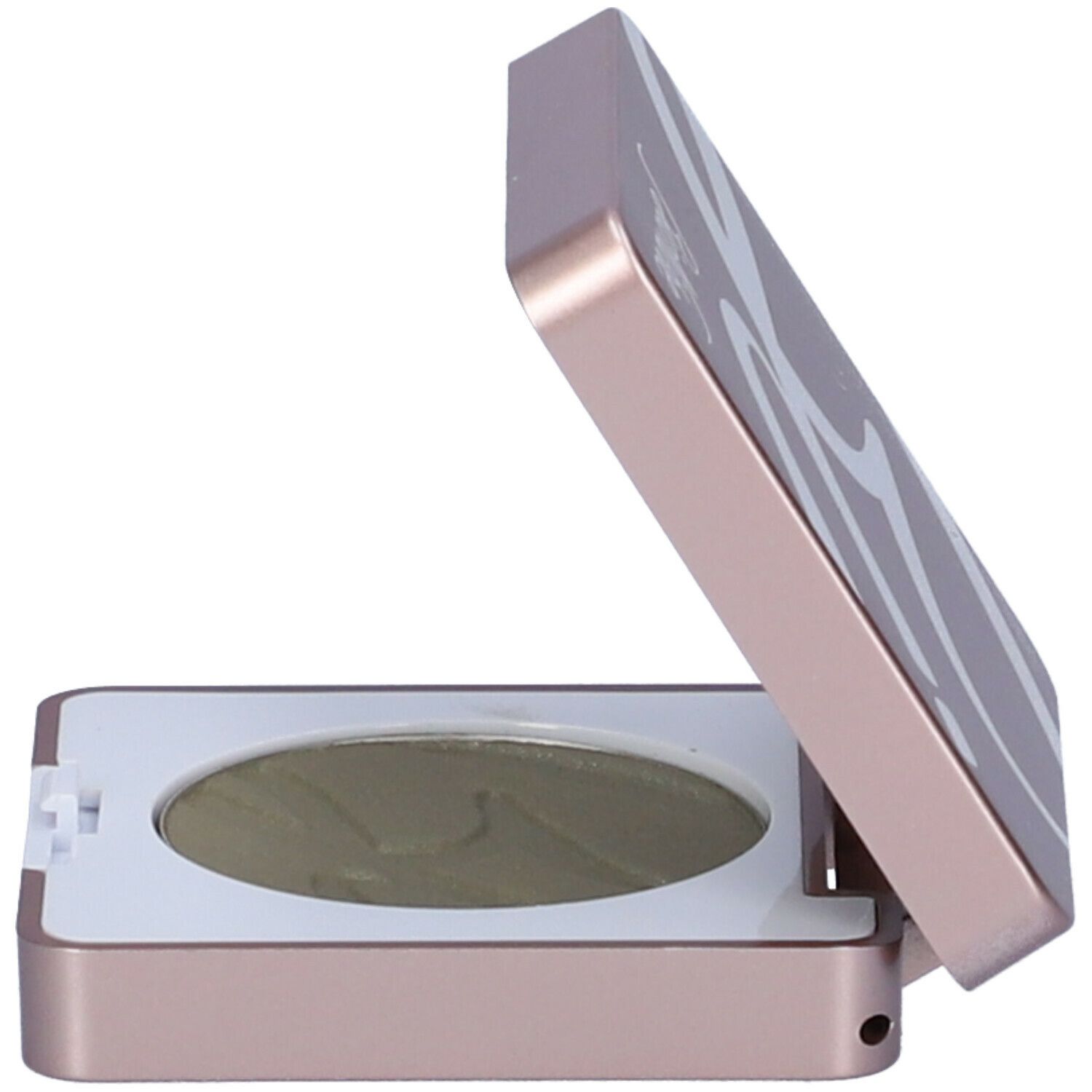 Contenitore per ombretto color oro rosa con ombretto verde. Coperchio aperto.