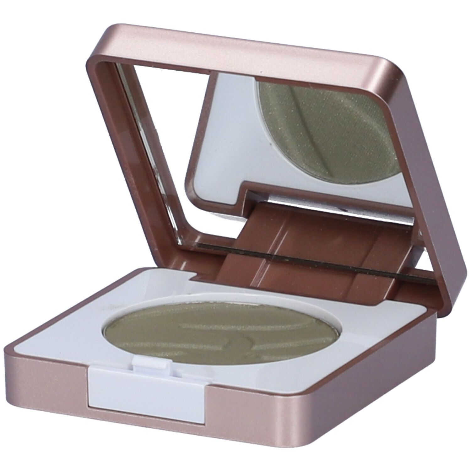 Contenitore per ombretto color oro rosa con specchio e ombretto verde. Coperchio aperto.