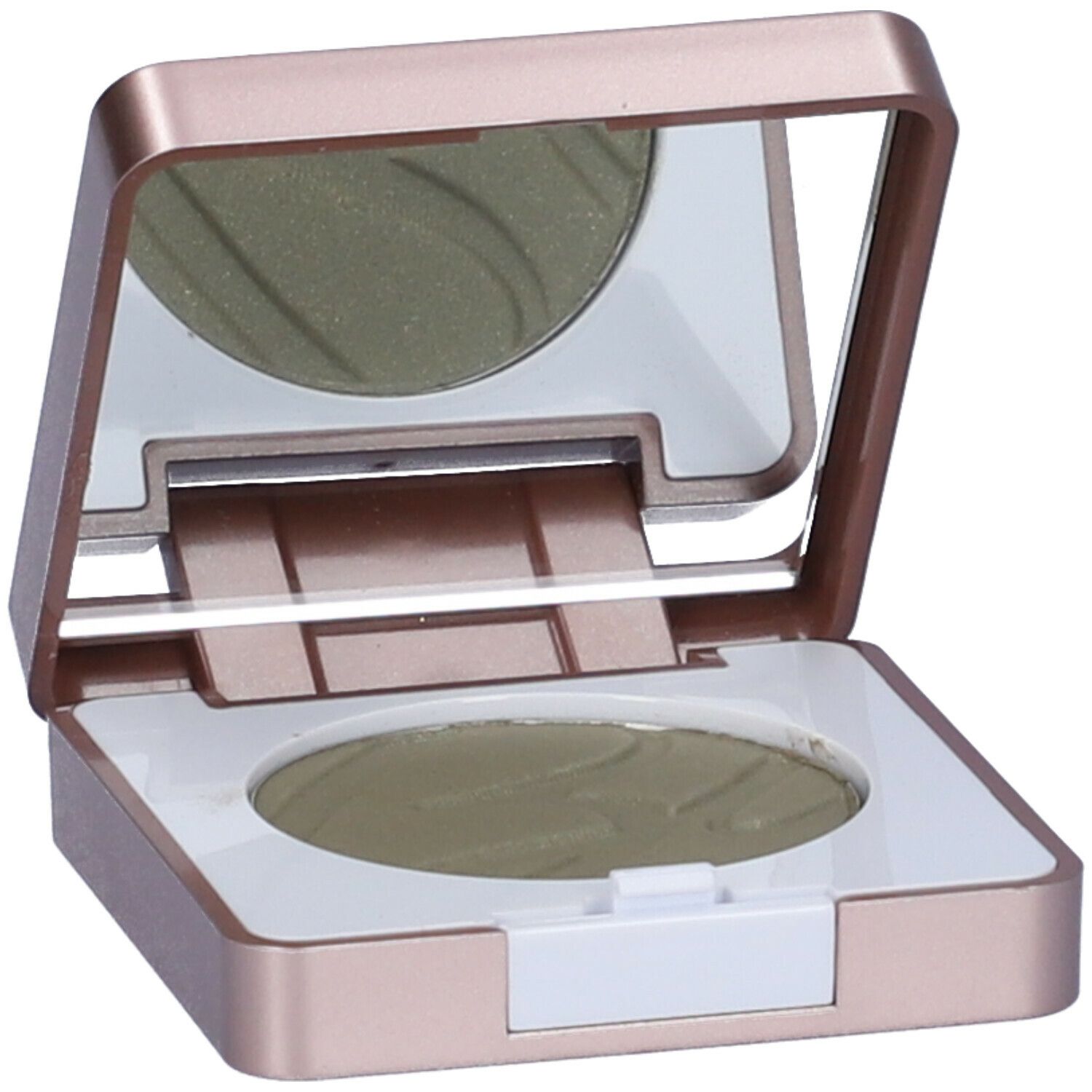 Contenitore per ombretto color oro rosa con specchio e ombretto verde. Coperchio aperto.