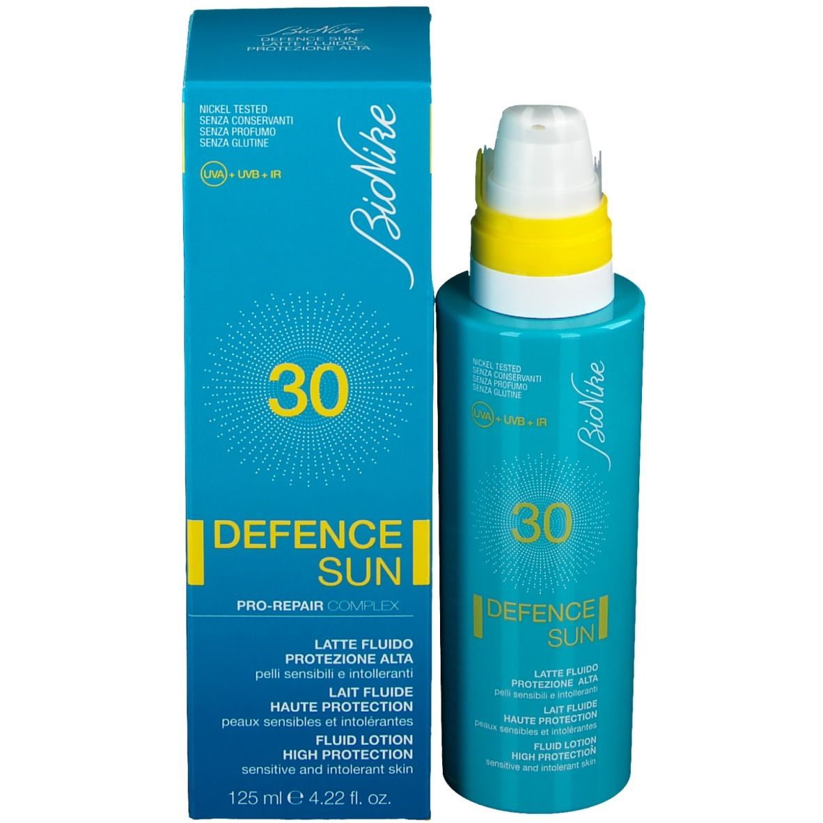 Flacone e scatola blu turchese. Scritta: 30, Defence Sun, Pro-Repair Complex, Latte Fluido, Alta Protezione. 125 ml.