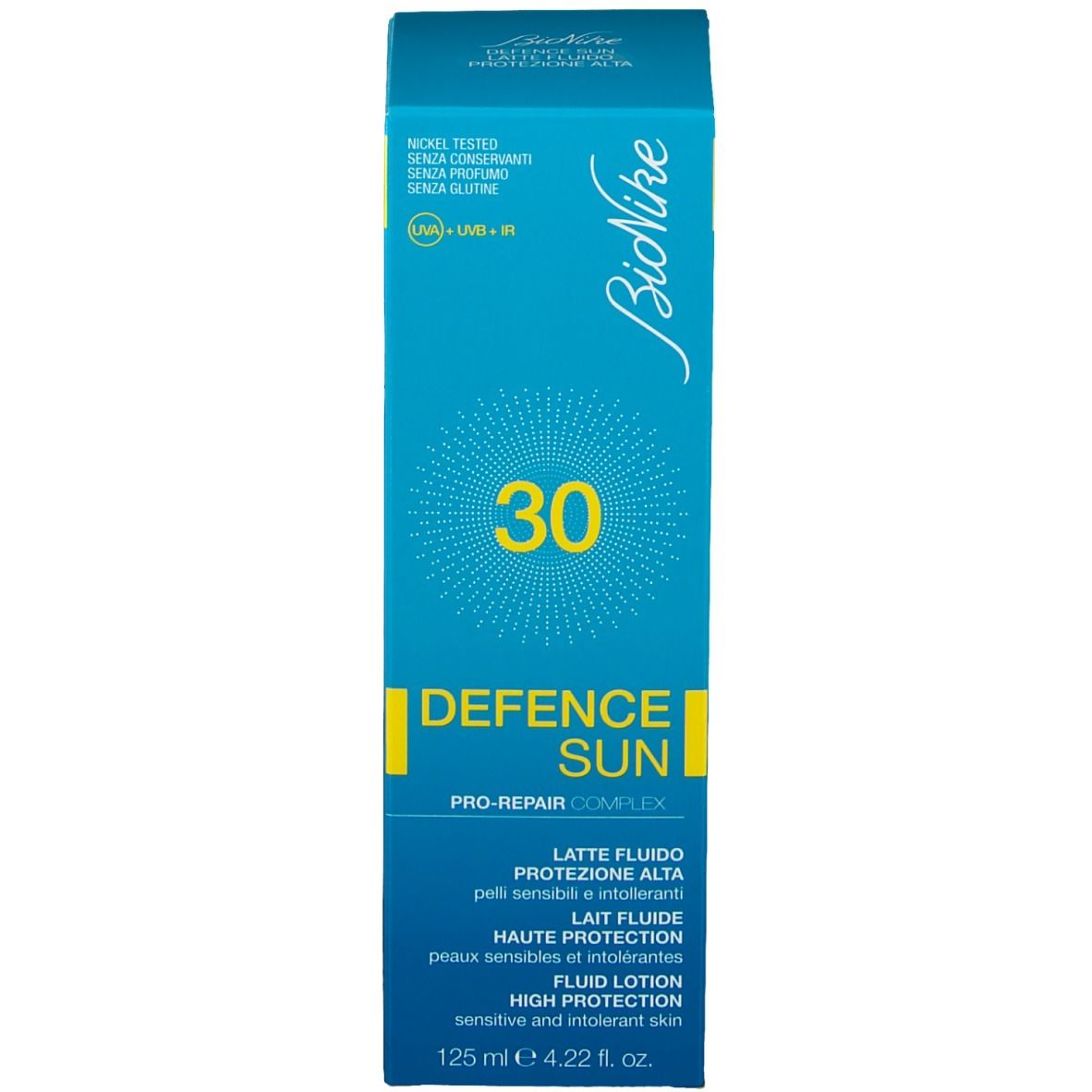 Scatola blu turchese. Scritta: 30, Defence Sun, Pro-Repair Complex, Latte Fluido, Alta Protezione. 125 ml.