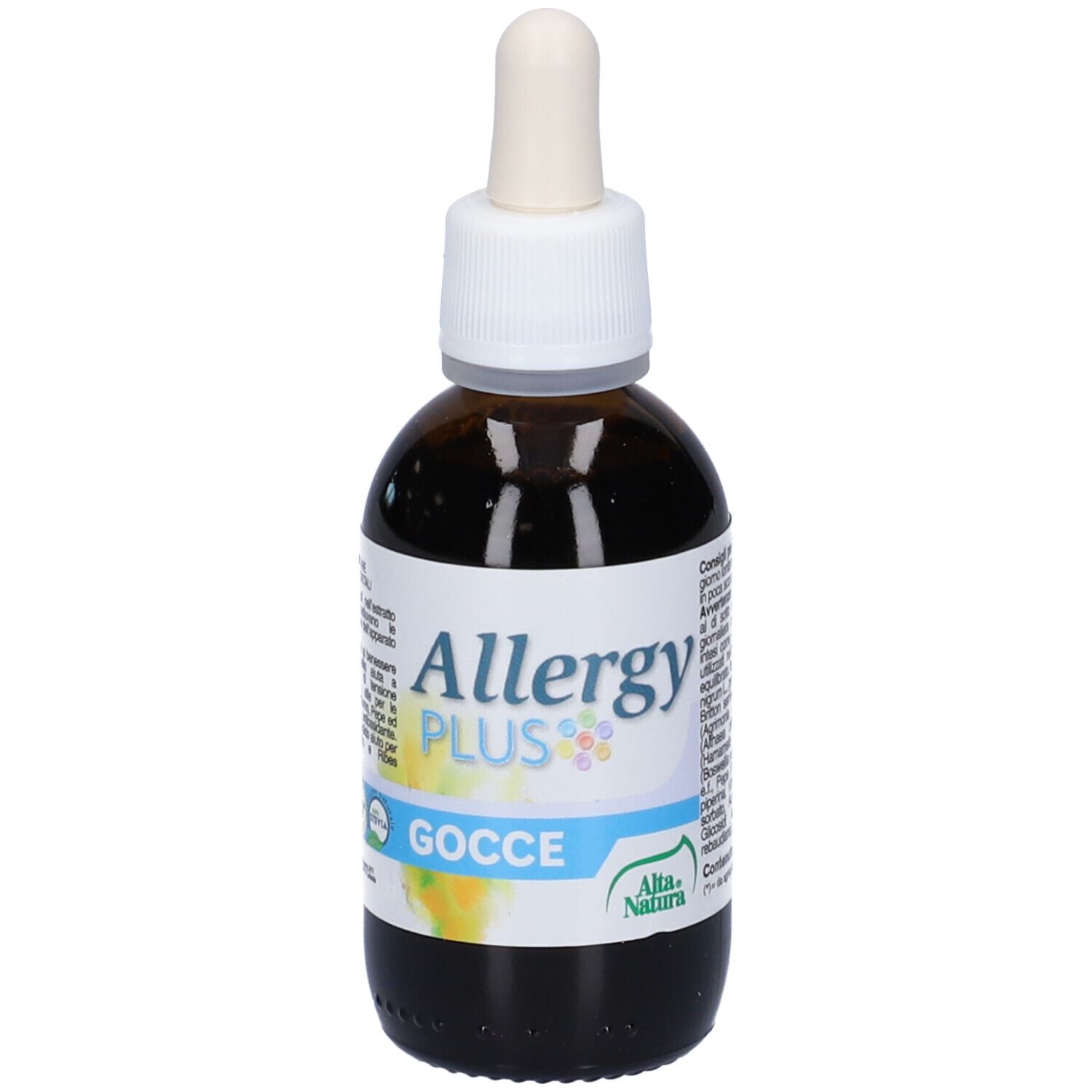 Flacone di vetro marrone con contagocce. Scritta: Allergy Plus Gocce. Marchio: Alta Natura.