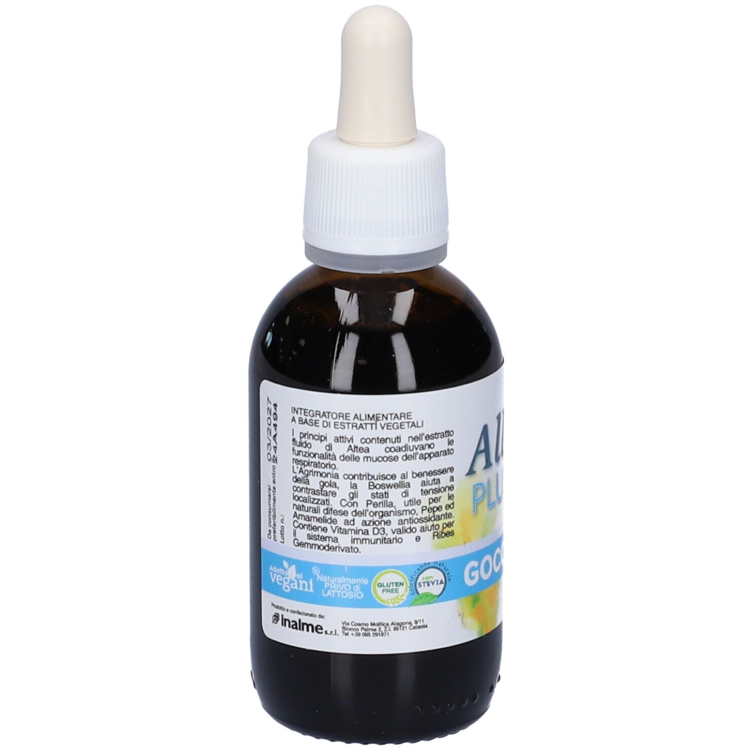 Flacone di vetro marrone con contagocce. Scritta: Allergy Plus Gocce. Testo e loghi sull'etichetta.