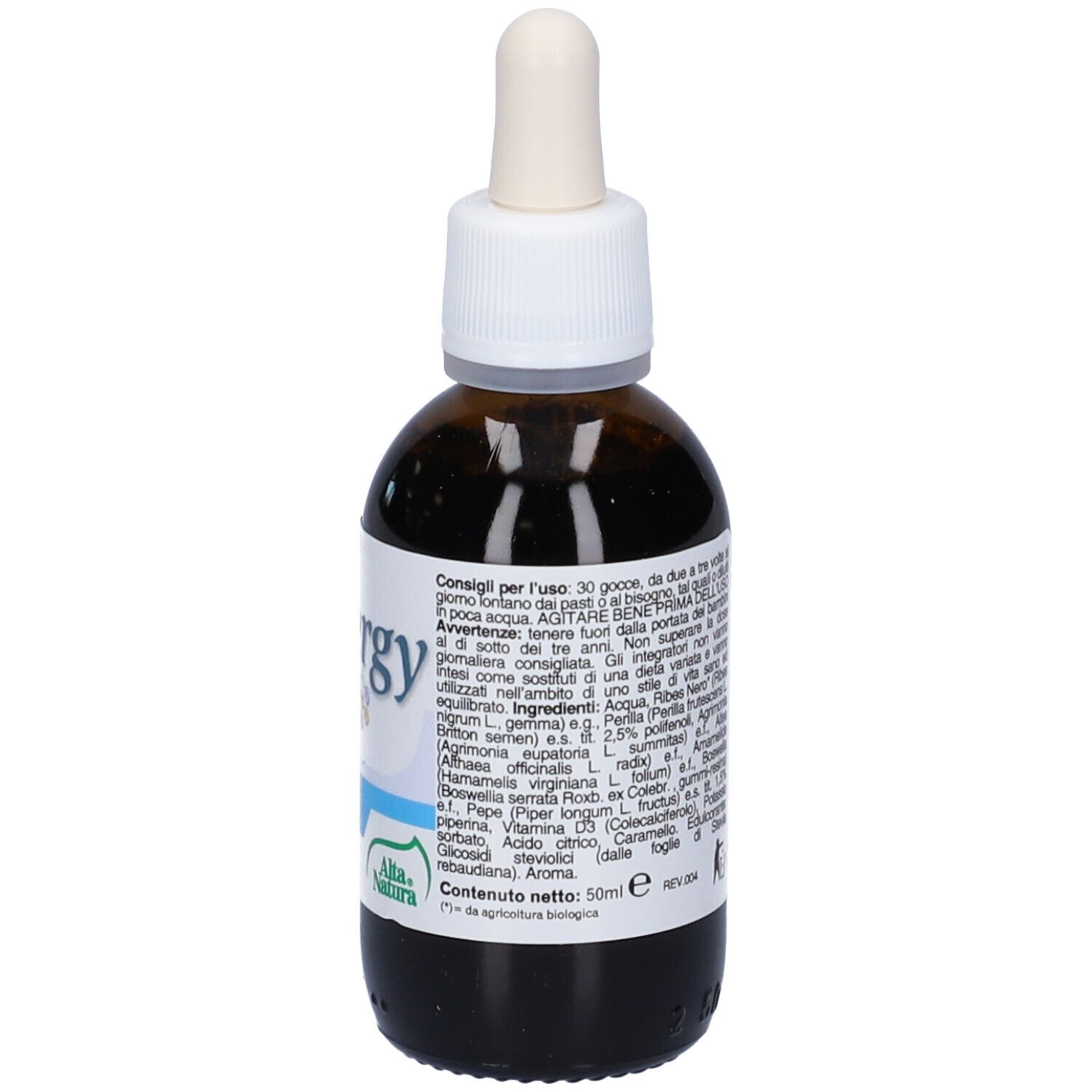 Flacone di vetro marrone con contagocce. Scritta: Allergy Plus Gocce. Testo e loghi sull'etichetta.