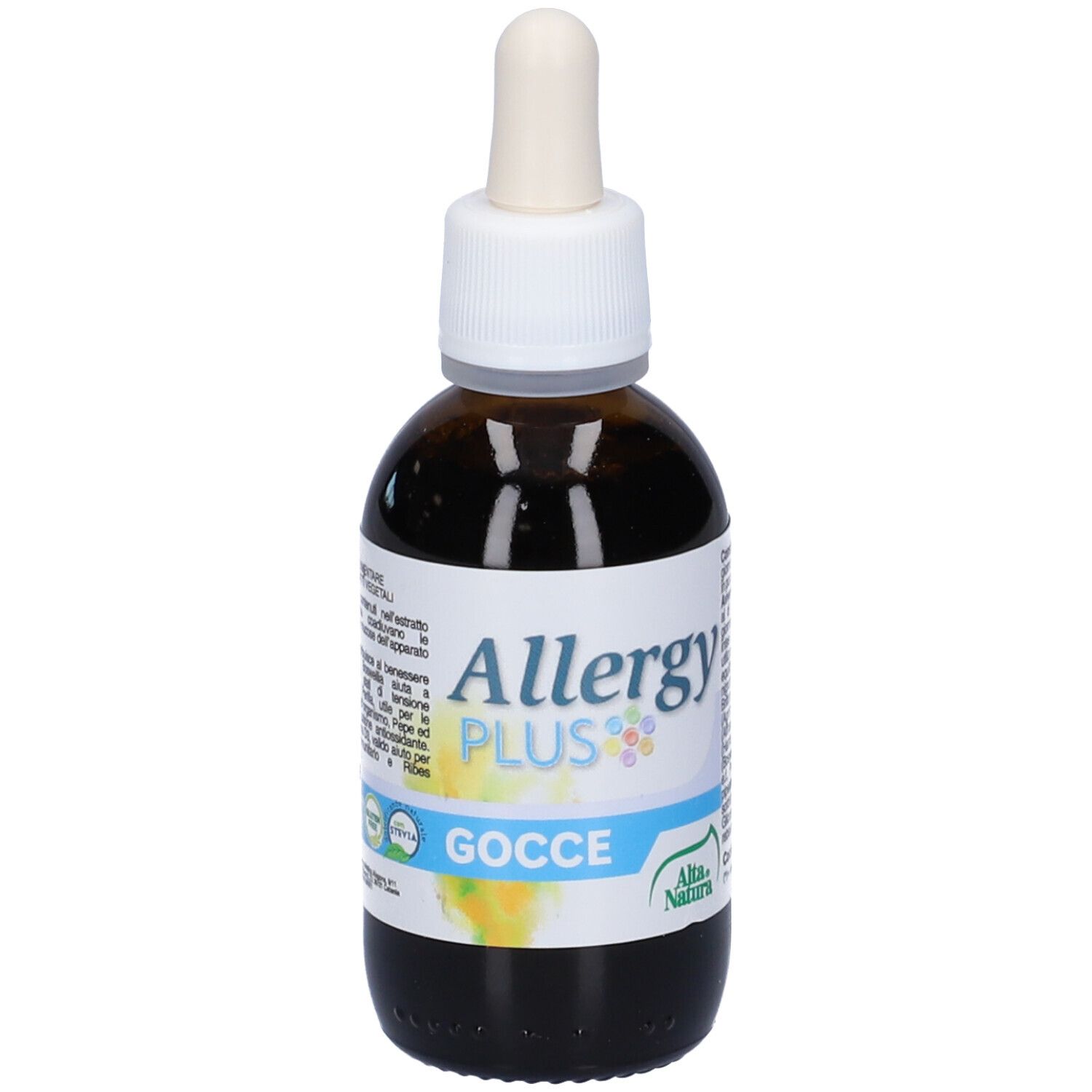 Flacone di vetro marrone con contagocce. Scritta: Allergy Plus Gocce. Testo e loghi sull'etichetta.