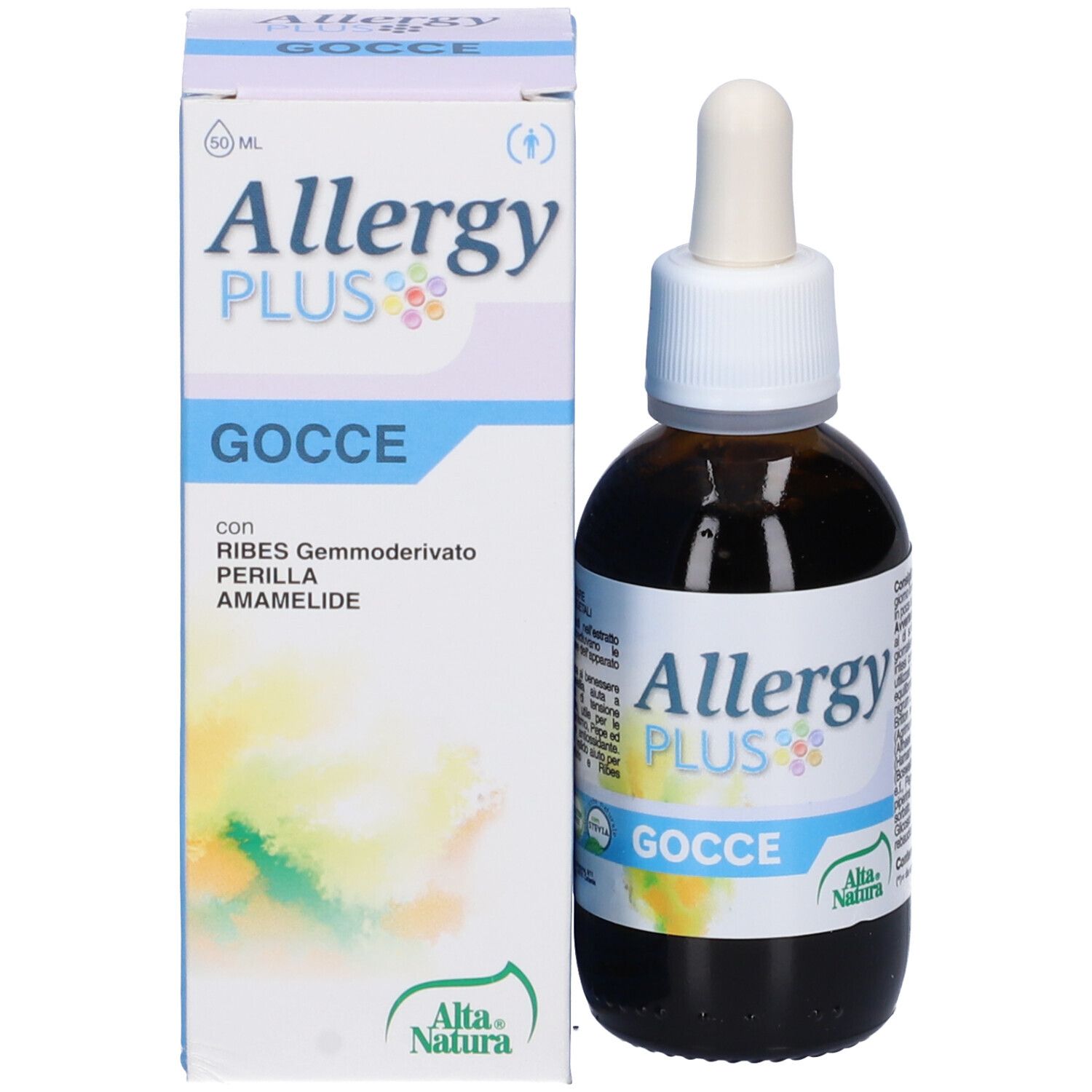 Flacone di vetro marrone con contagocce e scatola. Scritta: Allergy Plus Gocce. Marchio: Alta Natura.