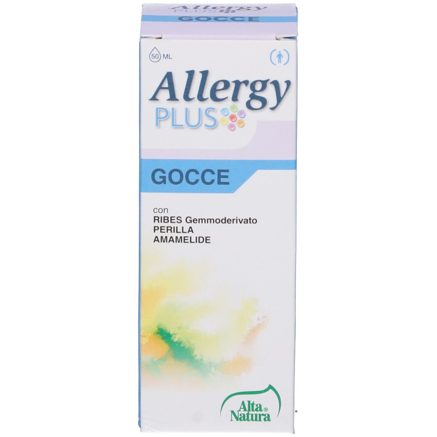 Scatola con scritta: Allergy Plus Gocce. Marchio: Alta Natura.