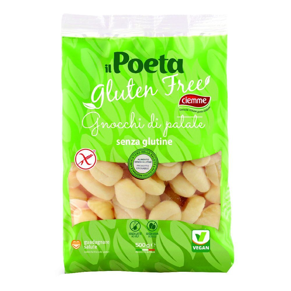 Confezione verde con gnocchi di patate. Scritta: Il Poeta Gluten Free, Gnocchi di patate senza glutine. 500g, Vegan.