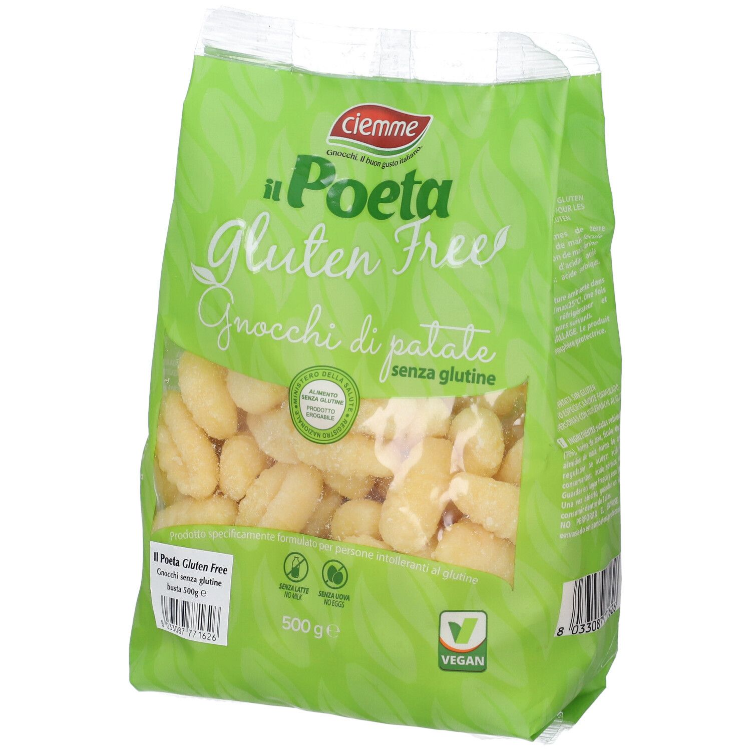 Confezione con gnocchi. Scritta: Il Poeta Gluten Free, Gnocchi di patate senza glutine. 500g, Vegan. Simbolo senza glutine.