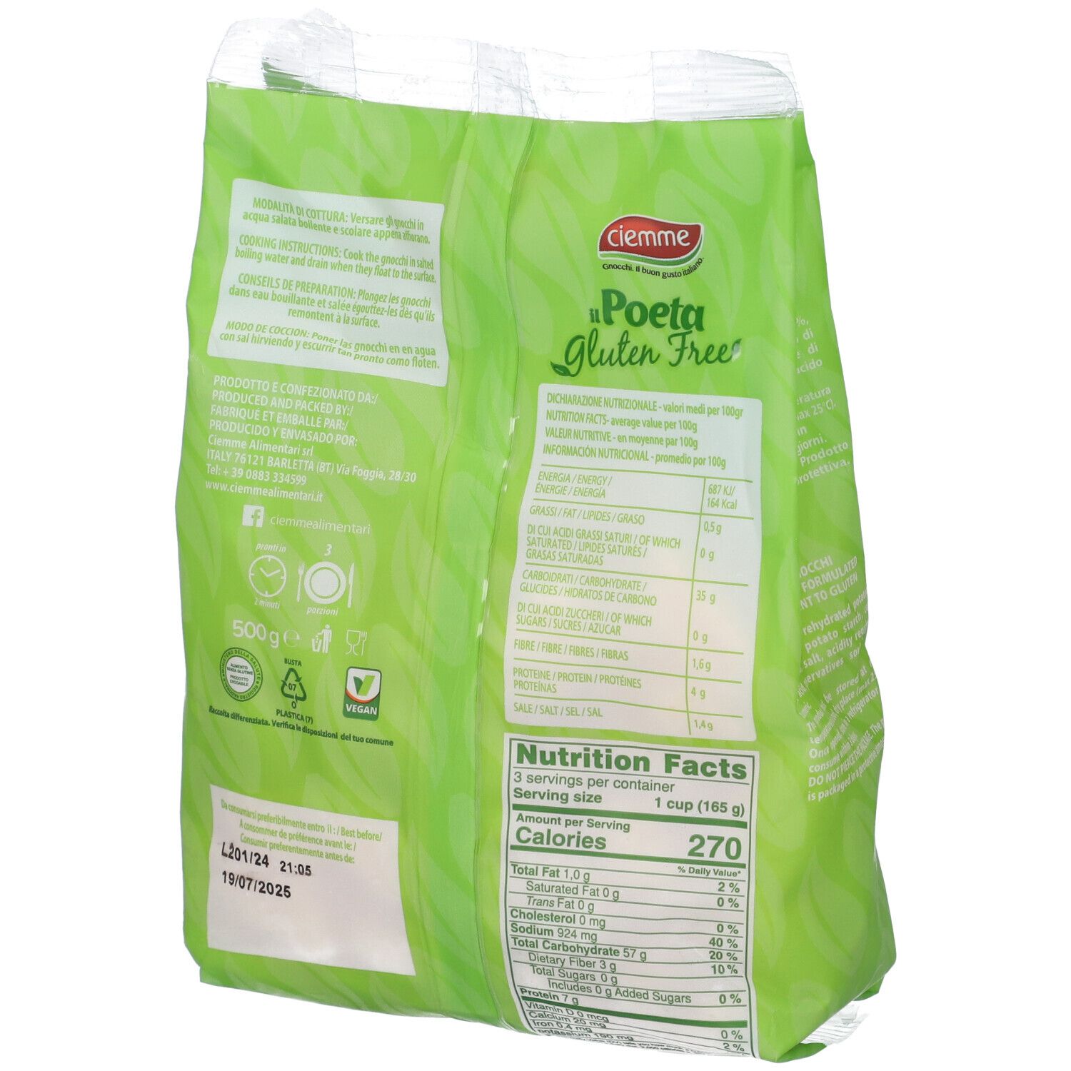 Retro della confezione con informazioni nutrizionali. Scritta: Il Poeta Gluten Free, Gnocchi di patate senza glutine. 500g, Vegan.