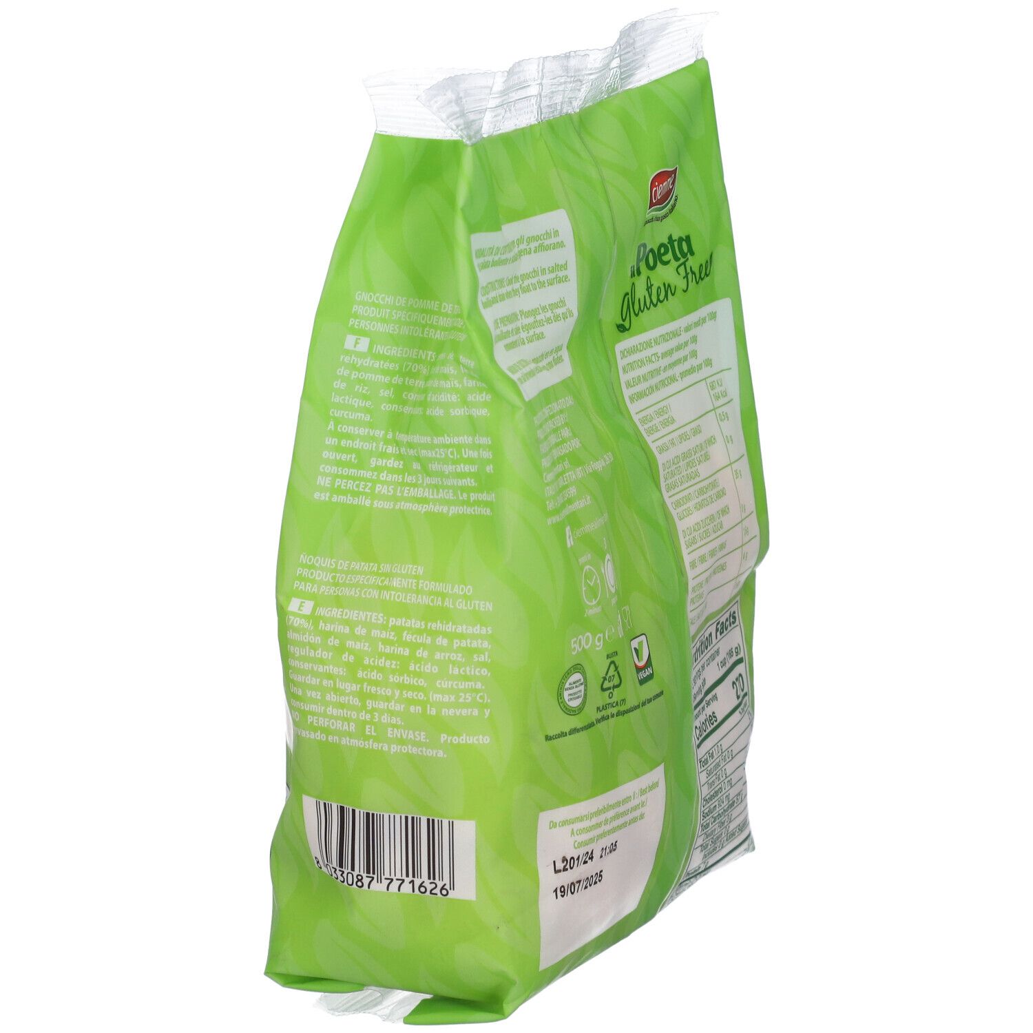 Vista laterale della confezione con informazioni nutrizionali. Scritta: Il Poeta Gluten Free, Gnocchi di patate senza glutine. 500g, Vegan.