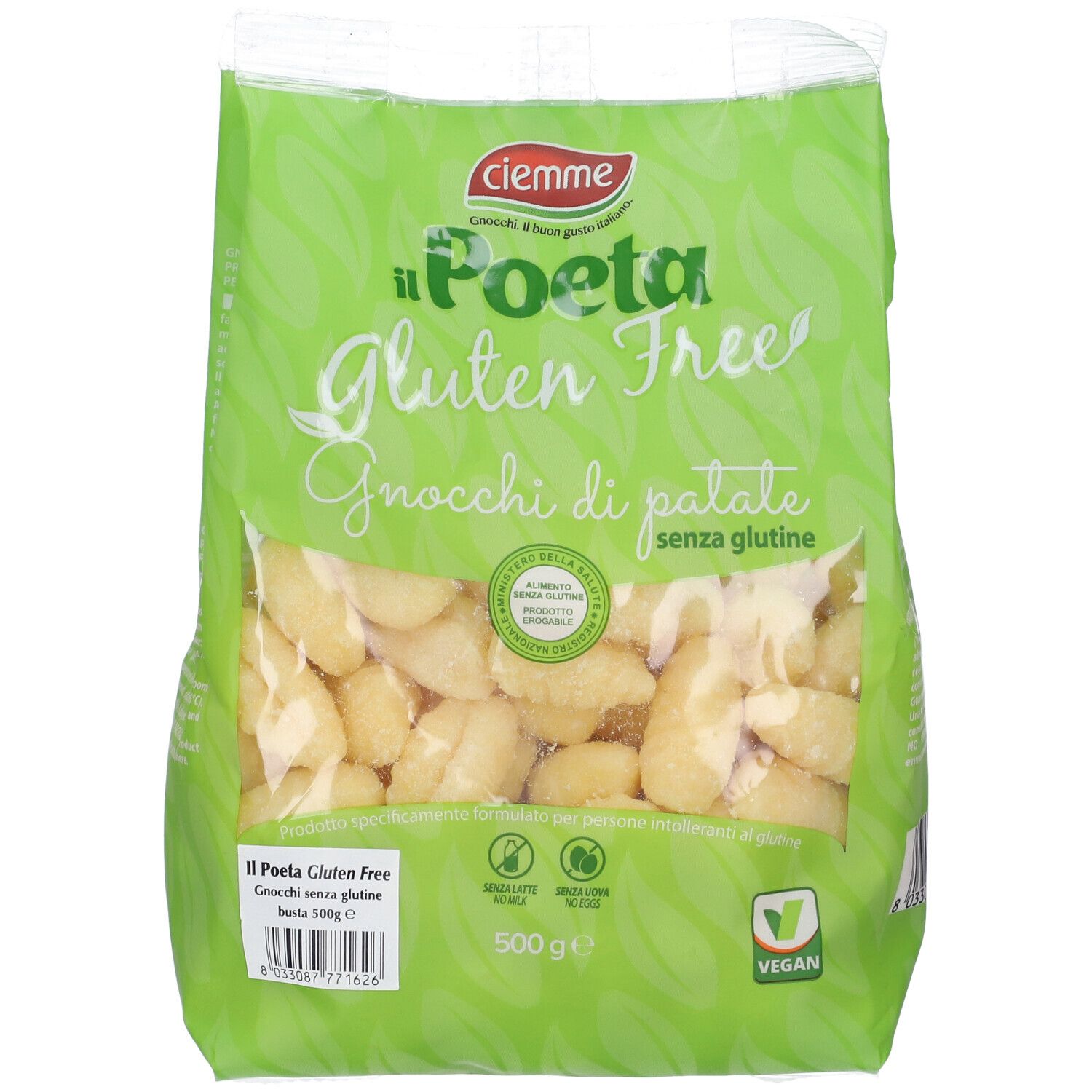 Confezione con gnocchi. Scritta: Il Poeta Gluten Free, Gnocchi di patate senza glutine. 500g, Vegan. Simbolo senza glutine.