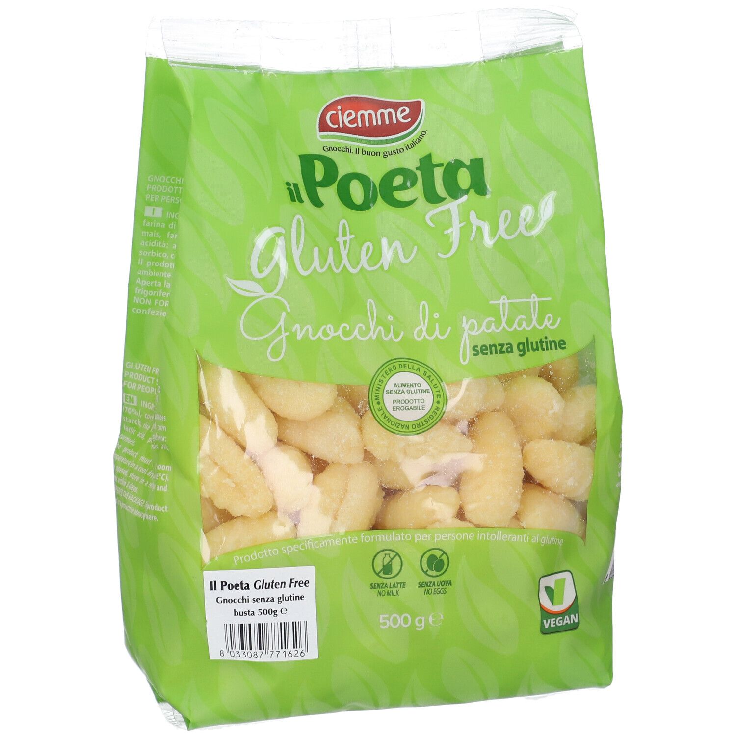 Confezione con gnocchi. Scritta: Il Poeta Gluten Free, Gnocchi di patate senza glutine. 500g, Vegan. Simbolo senza glutine.