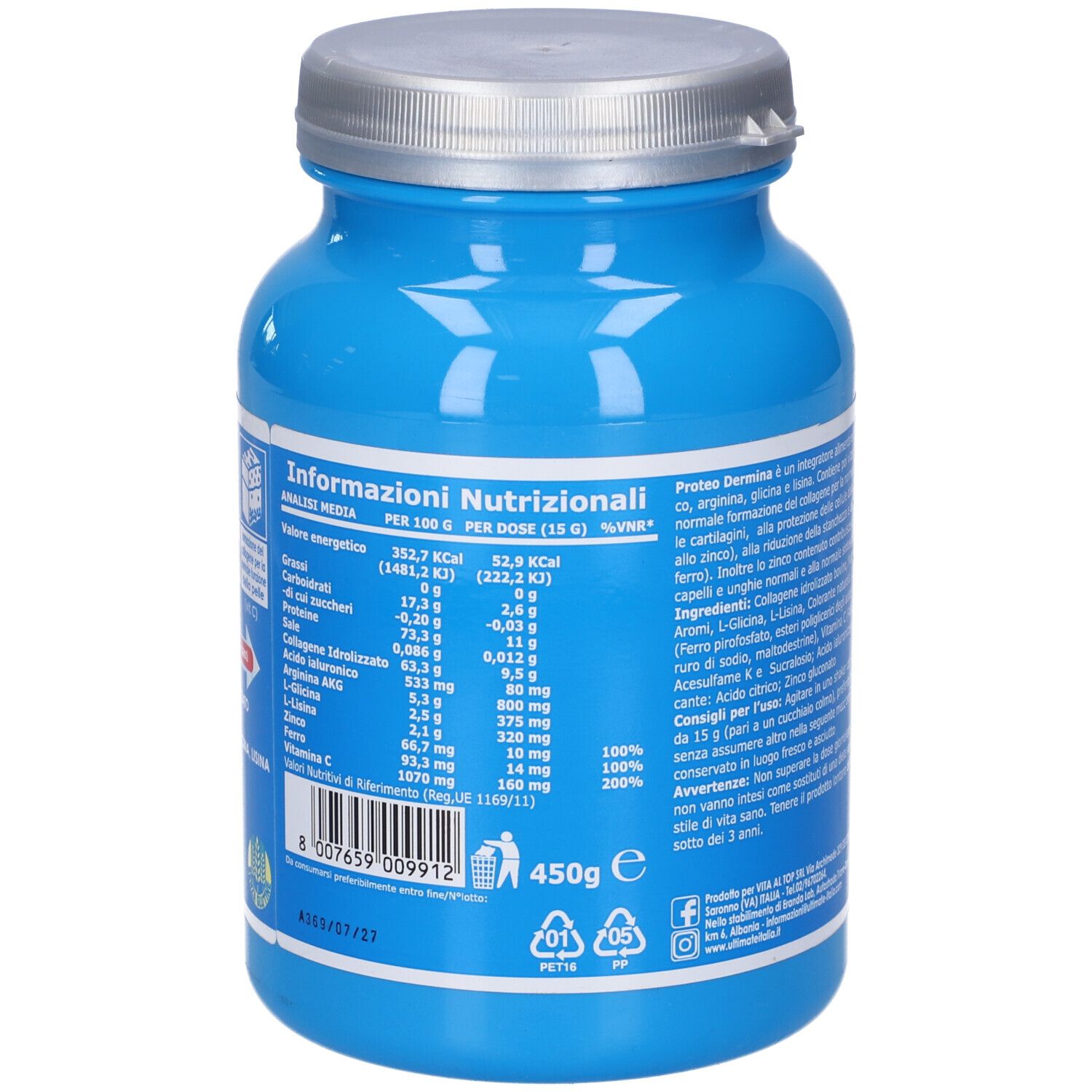 Barattolo blu con coperchio argentato. Retro con informazioni nutrizionali. Contiene informazioni sul prodotto.