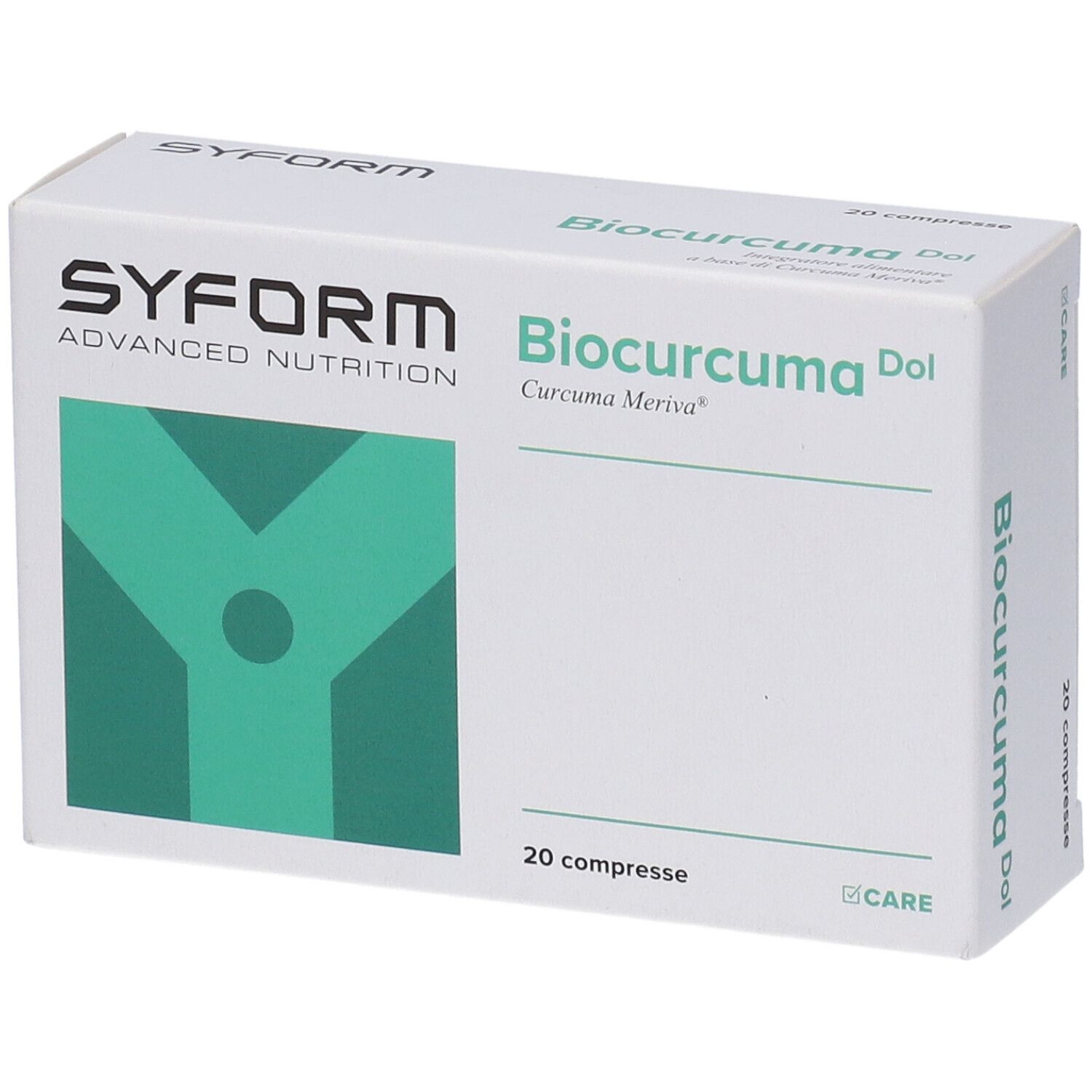 Scatola bianca con grafica verde. Scritta: Biocurcuma Dol, 20 compresse. Marchio: Syform. Contiene integratore alimentare.