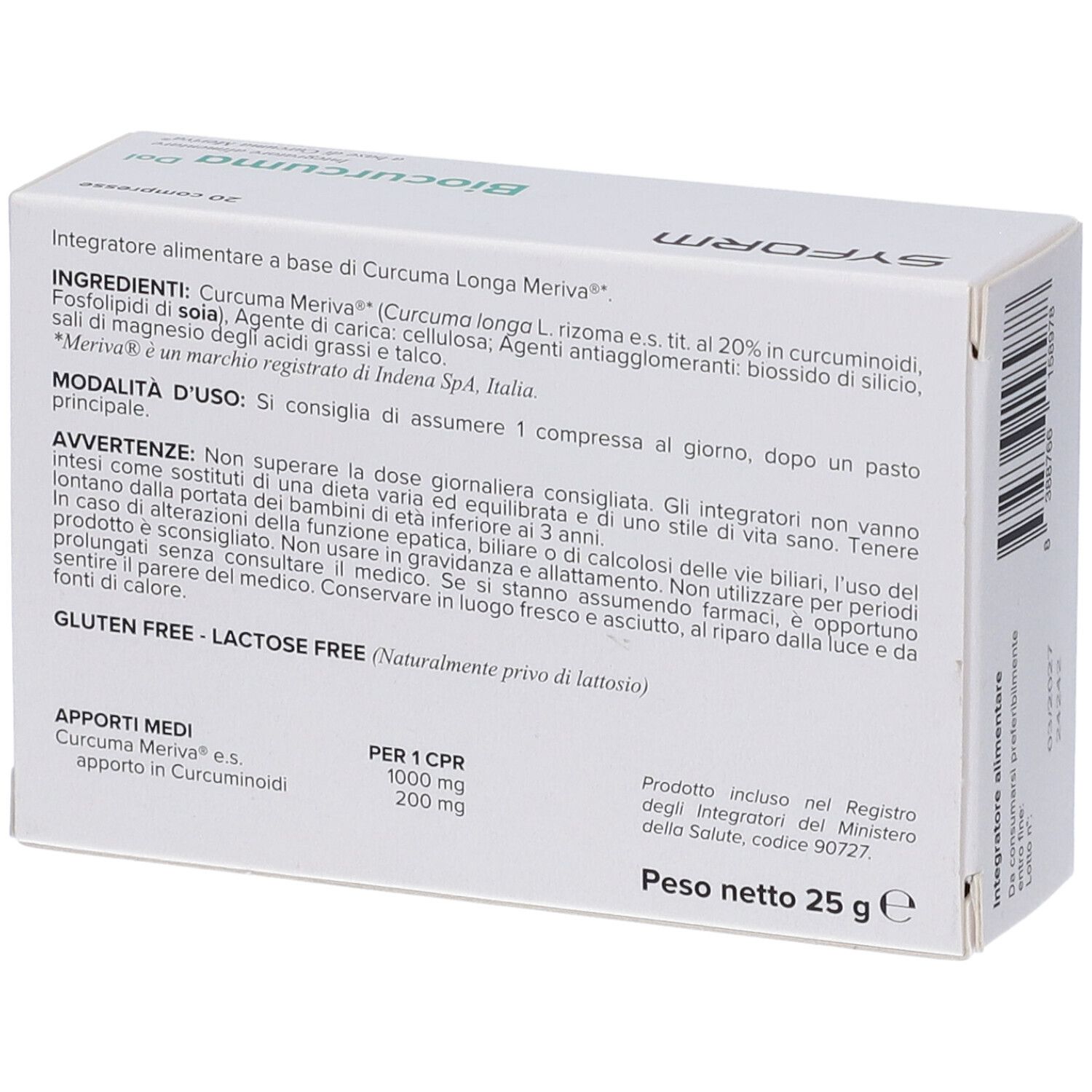 Scatola bianca con grafica verde. Scritta: Biocurcuma Dol, 20 compresse. Marchio: Syform. Contiene integratore alimentare.