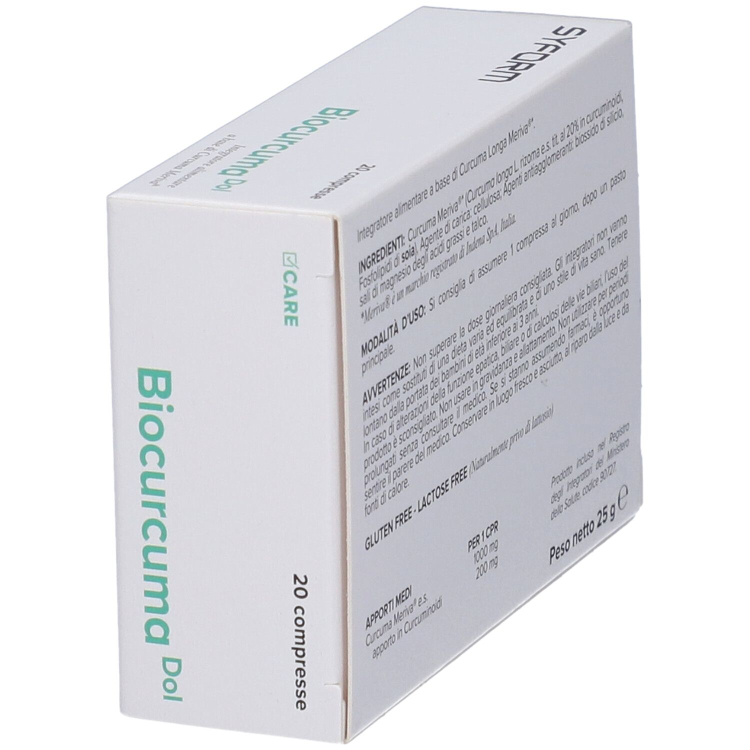 Scatola bianca con grafica verde. Scritta: Biocurcuma Dol, 20 compresse. Marchio: Syform. Contiene integratore alimentare.