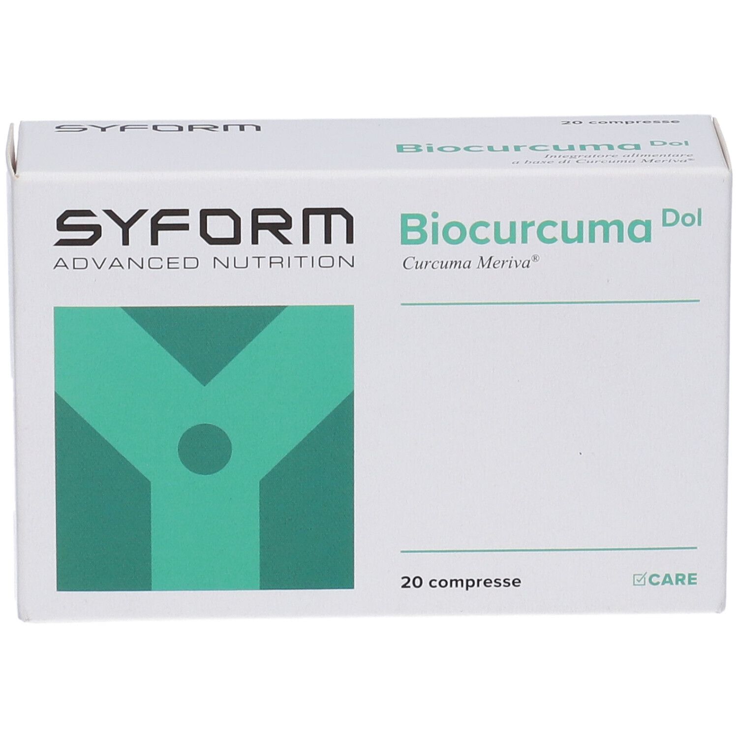 Scatola bianca con grafica verde. Scritta: Biocurcuma Dol, 20 compresse. Marchio: Syform. Contiene integratore alimentare.