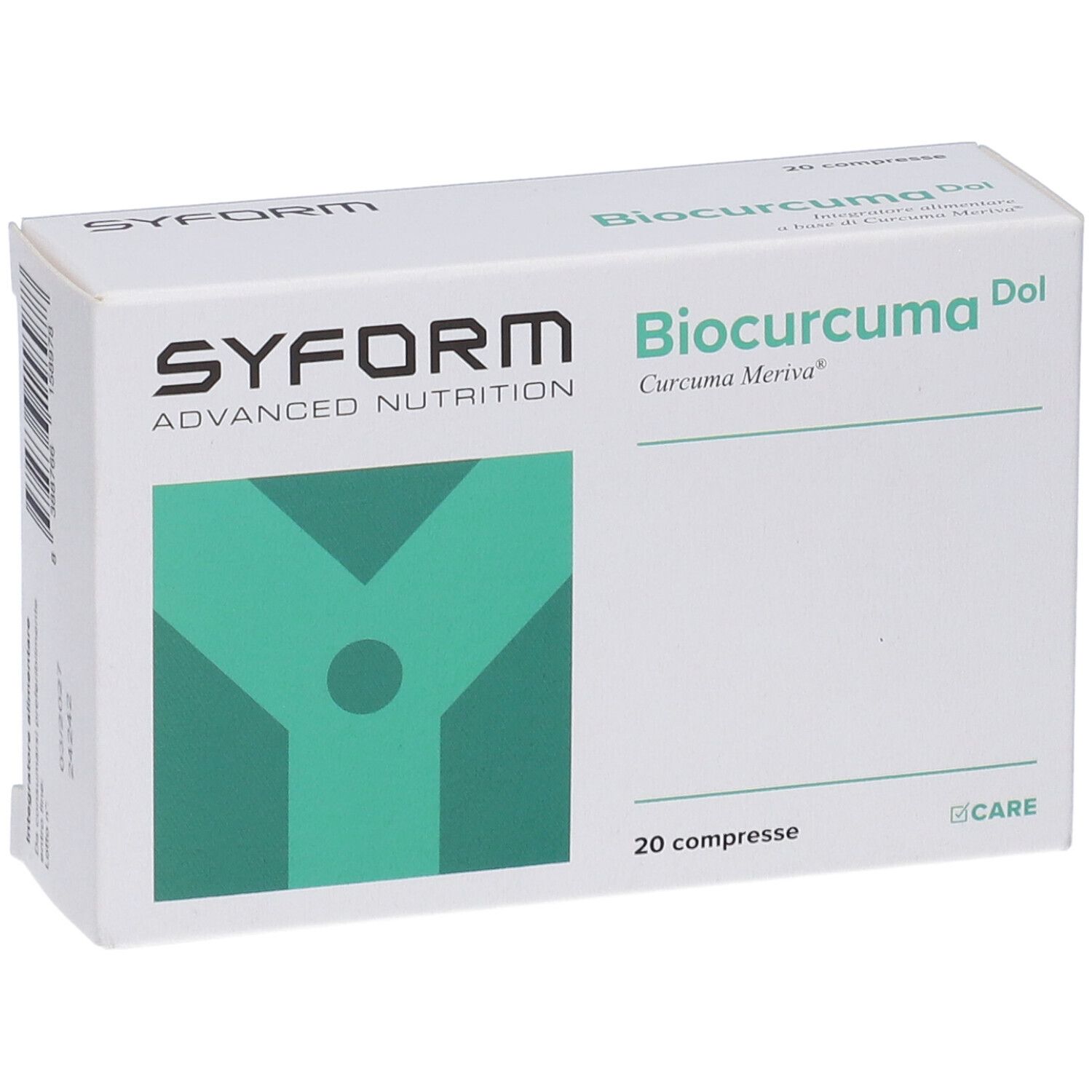 Scatola bianca con grafica verde. Scritta: Biocurcuma Dol, 20 compresse. Marchio: Syform. Contiene integratore alimentare.