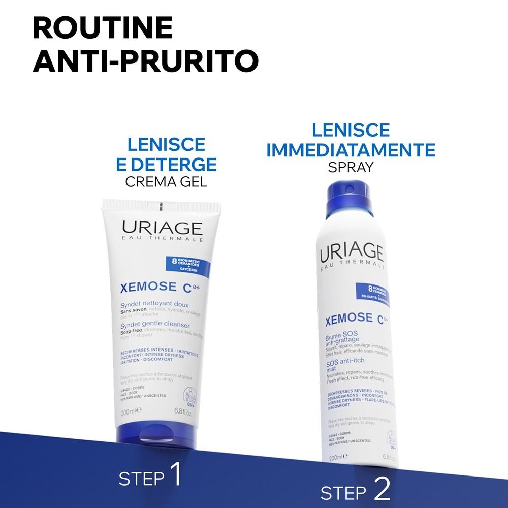 Due prodotti: tubo e spray. Testo: 'ROUTINE ANTI-PRURITO' e 'STEP 1' e 'STEP 2'.