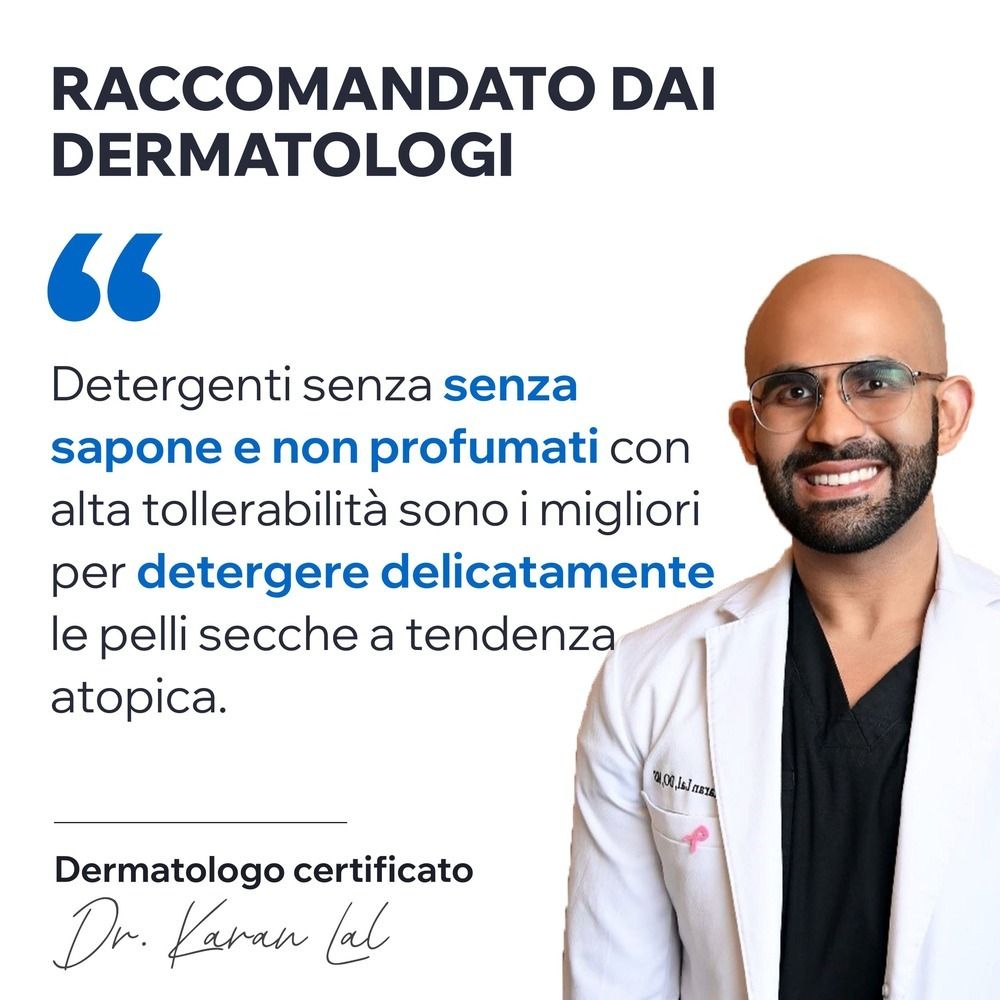 Medico con testo: 'RACCOMANDATO DAI DERMATOLOGI'. Citazione sulla pulizia per pelli secche e atopiche.