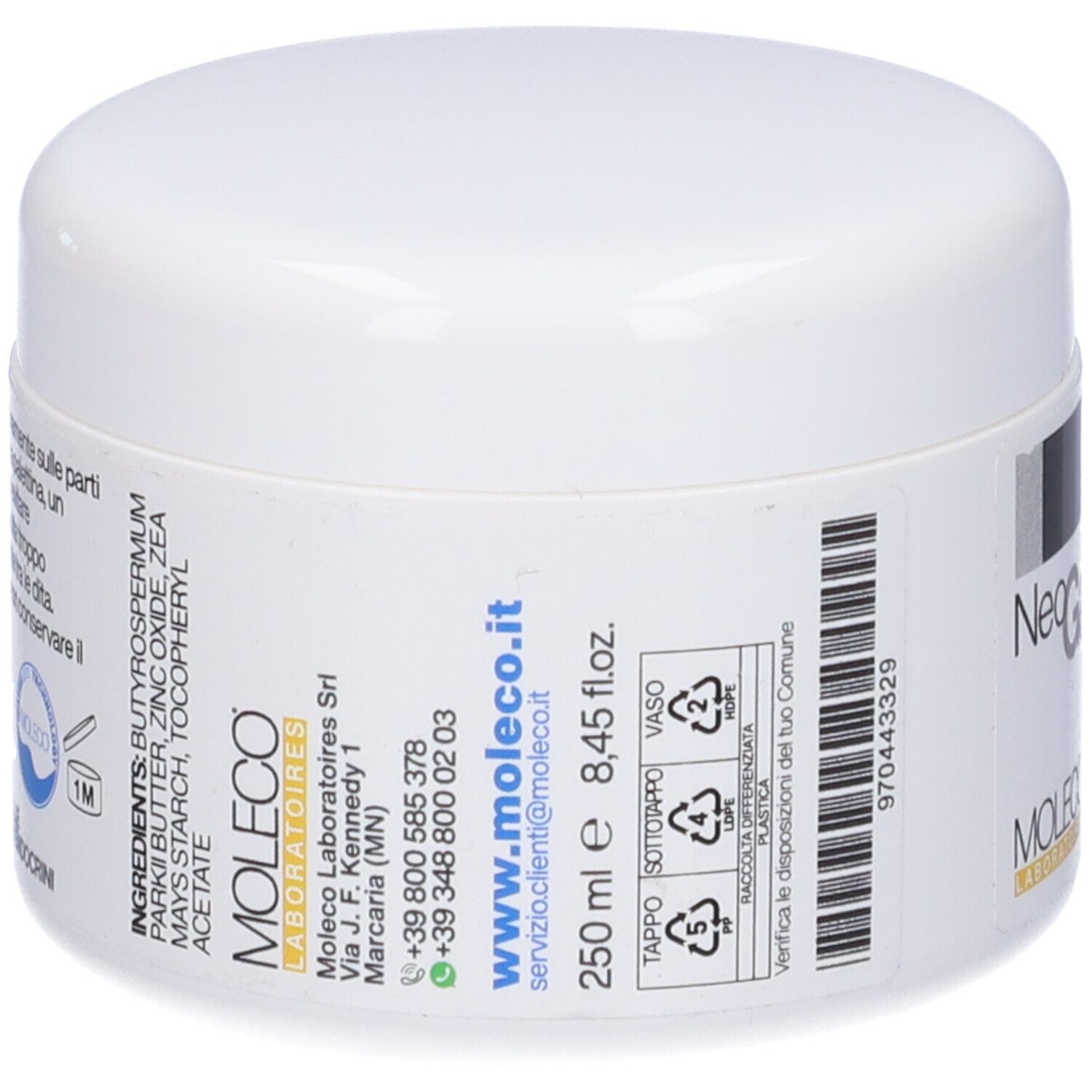 Vasetto bianco con scritta Neo Galeno L-Mod. Retro con ingredienti e contatti.