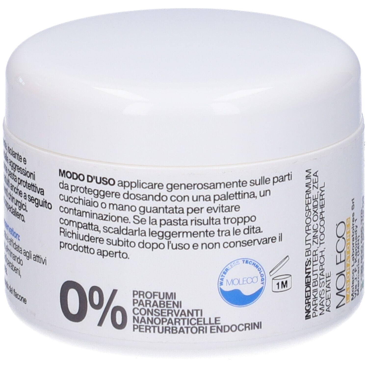 Vasetto bianco con scritta Neo Galeno L-Mod. Retro con istruzioni per l'uso e stampa 0%.