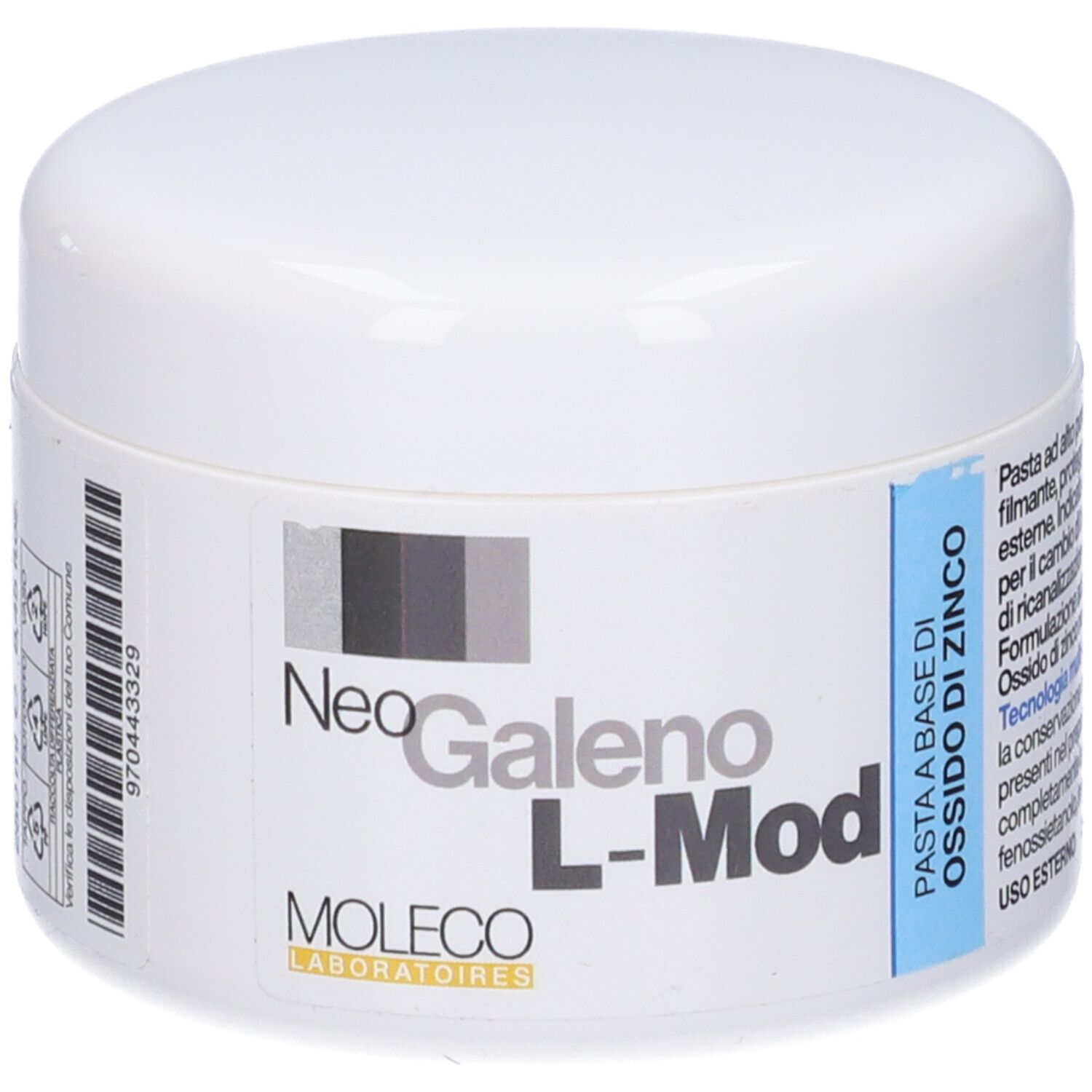 Vasetto bianco con scritta Neo Galeno L-Mod. Etichetta blu con testo. Logo Moleco Laboratoires.