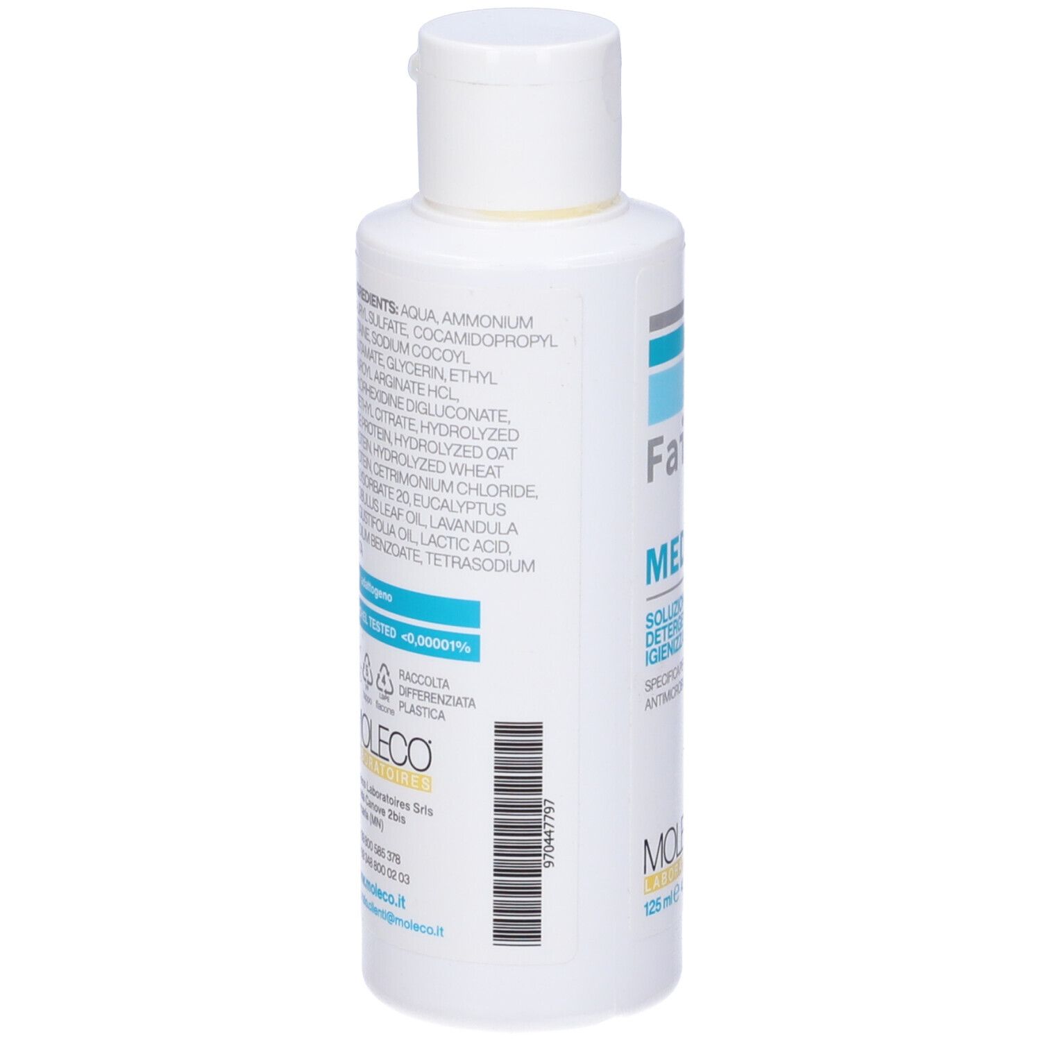 Retro flacone bianco con ingredienti e codice a barre. Contiene 125 ml. Logo Moleco e simboli di riciclo.