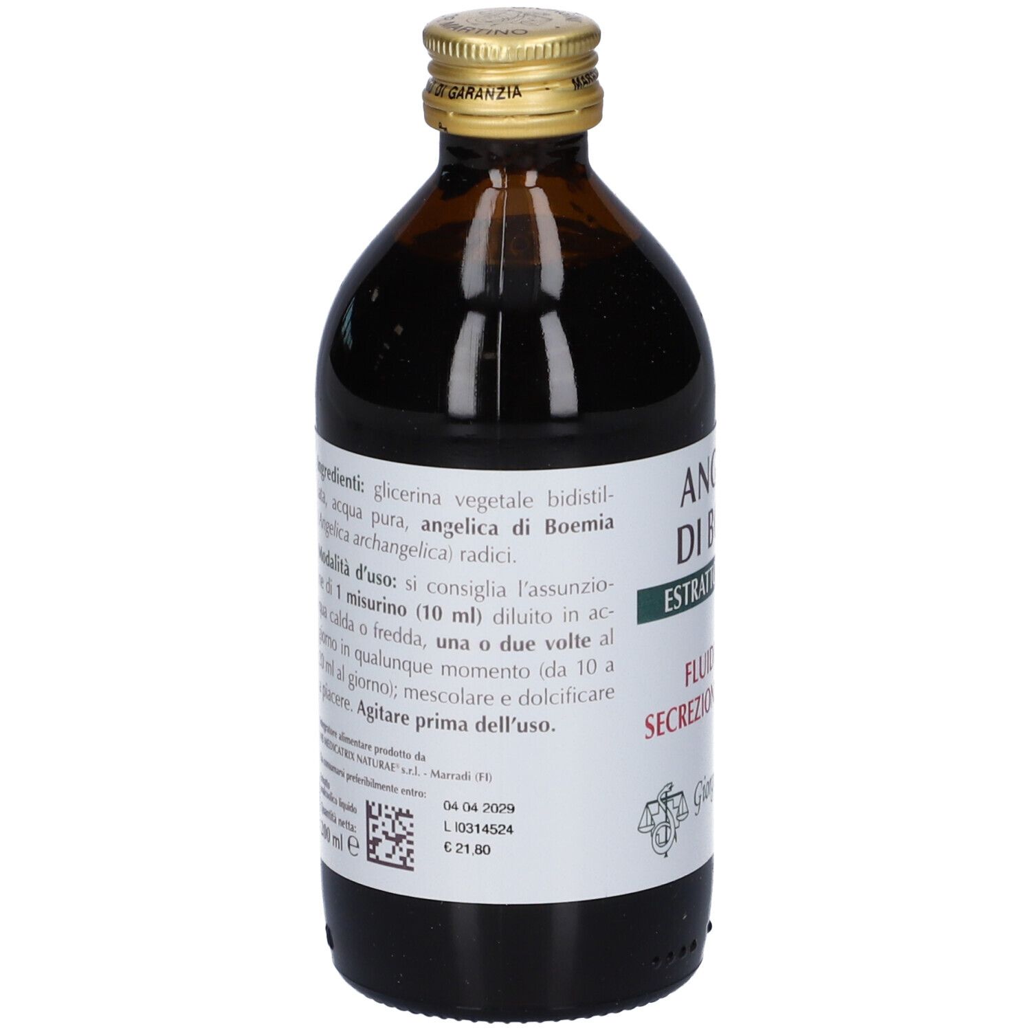 Bottiglia di vetro marrone con tappo dorato. Etichetta con ingredienti e istruzioni per l'uso. Marca: Giorgini Dr. Martino.