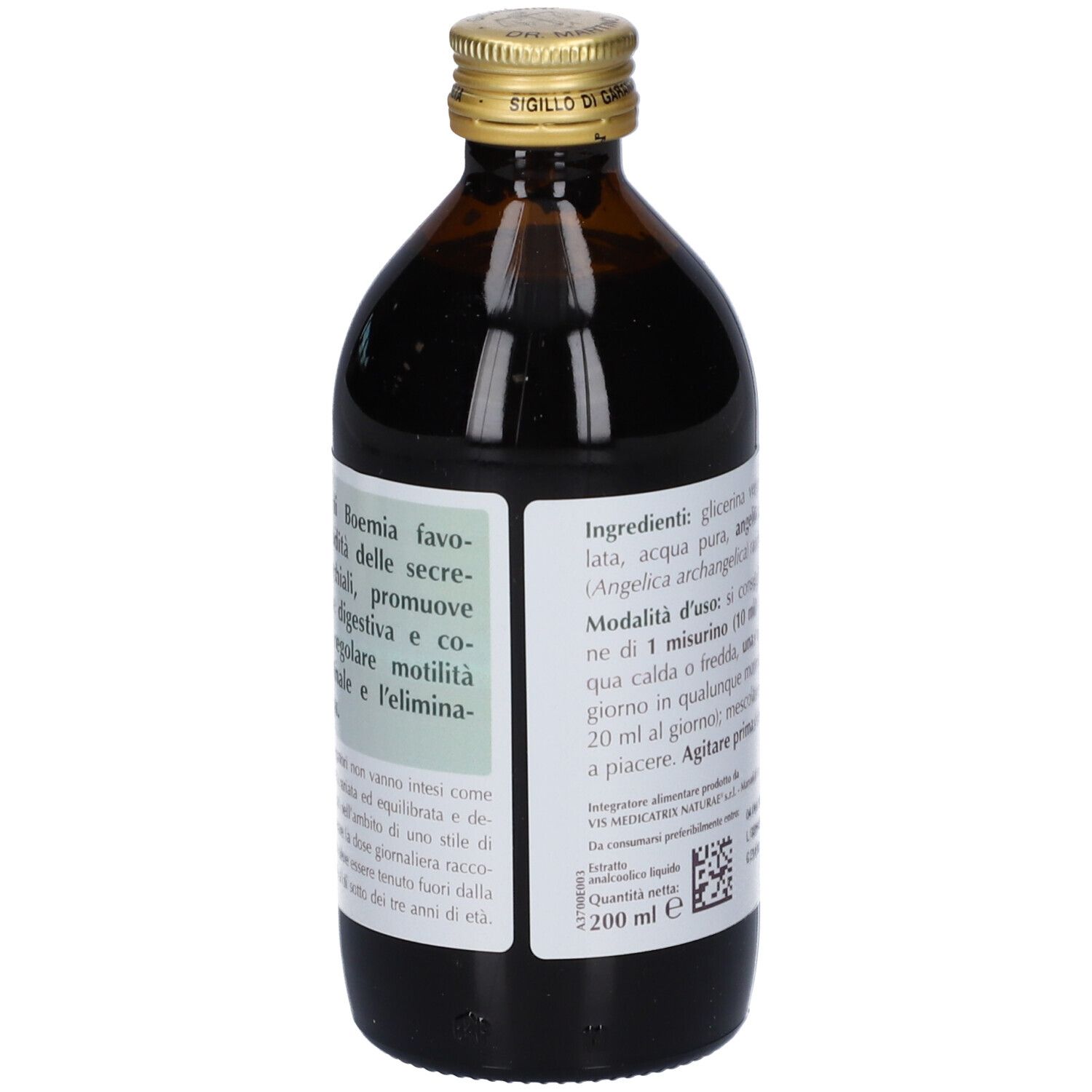 Bottiglia di vetro marrone con tappo dorato. Etichetta con testo e codice QR. Marca: Giorgini Dr. Martino.