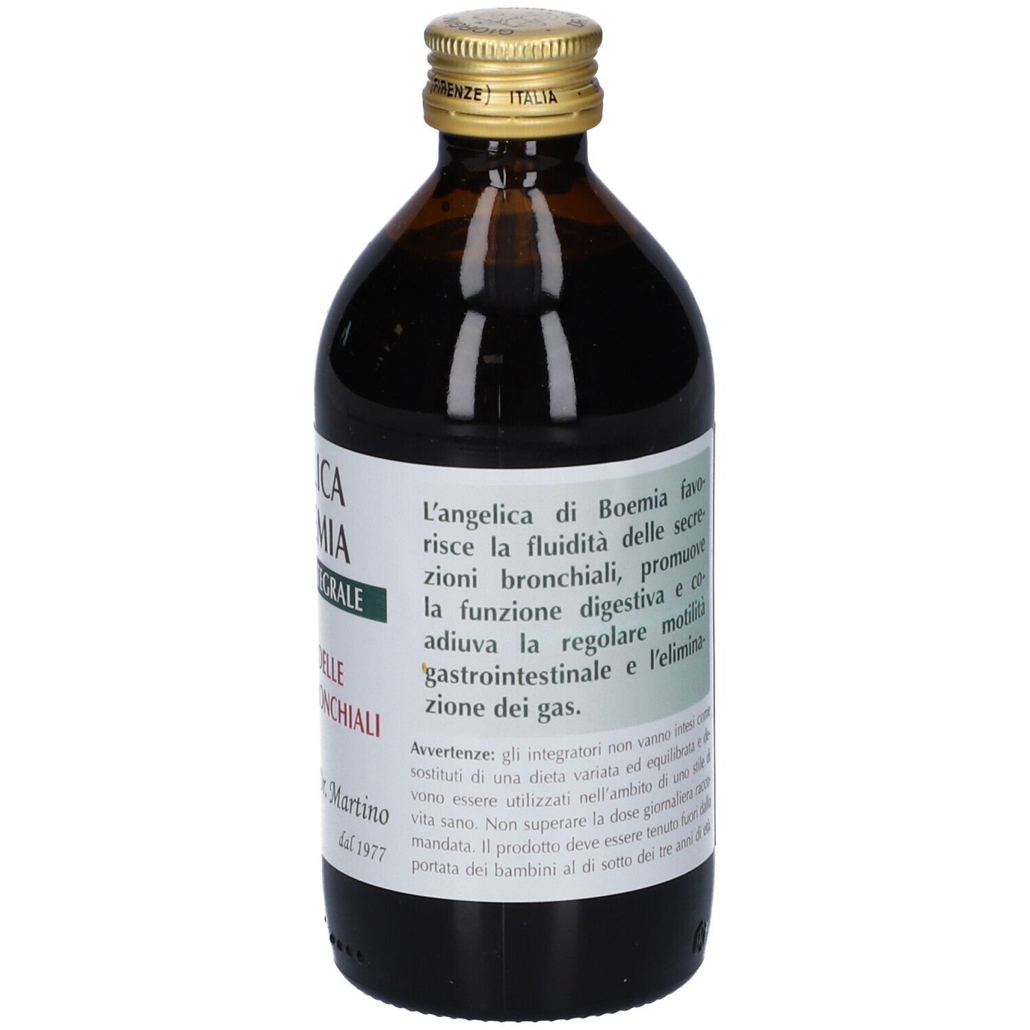 Bottiglia di vetro marrone con tappo dorato. Etichetta con informazioni sul prodotto. Marca: Giorgini Dr. Martino.