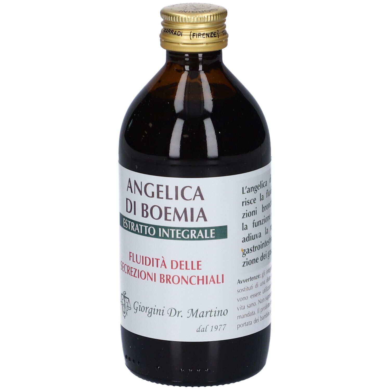 Bottiglia di vetro marrone con tappo dorato. Etichetta con nome del prodotto e testo. Marca: Giorgini Dr. Martino.