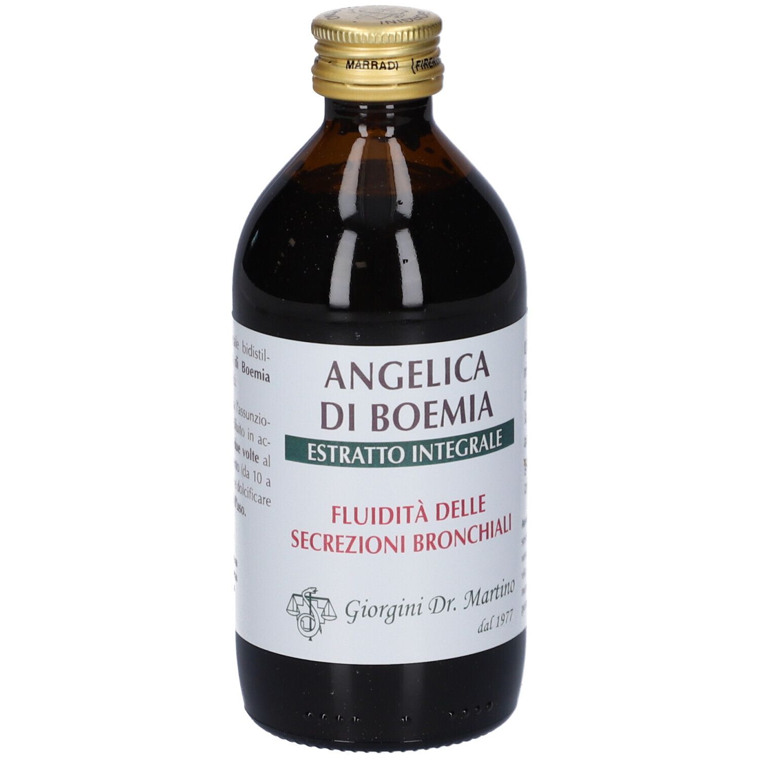 Bottiglia di vetro marrone con tappo dorato. Etichetta con nome del prodotto e testo. Marca: Giorgini Dr. Martino.