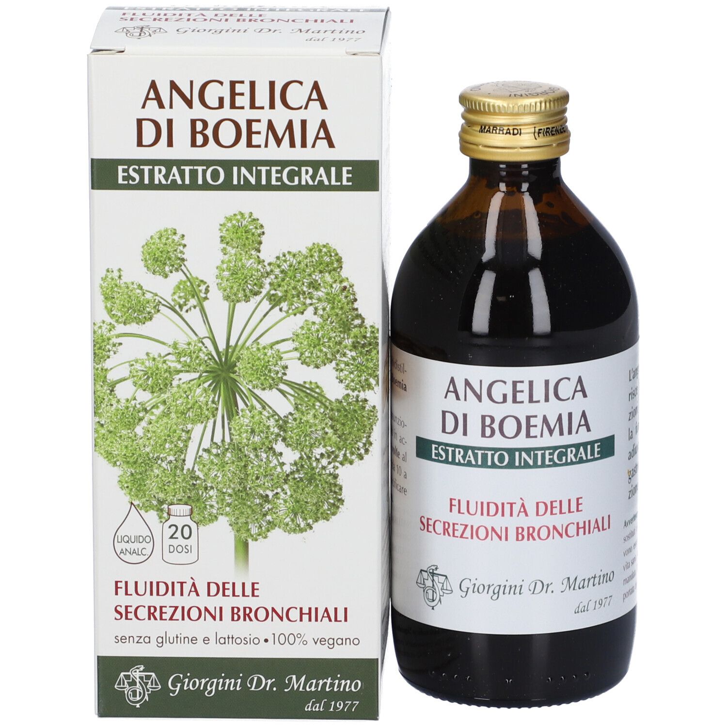 Bottiglia e confezione del prodotto. Bottiglia marrone, etichetta bianca. Confezione bianca con immagine e testo.