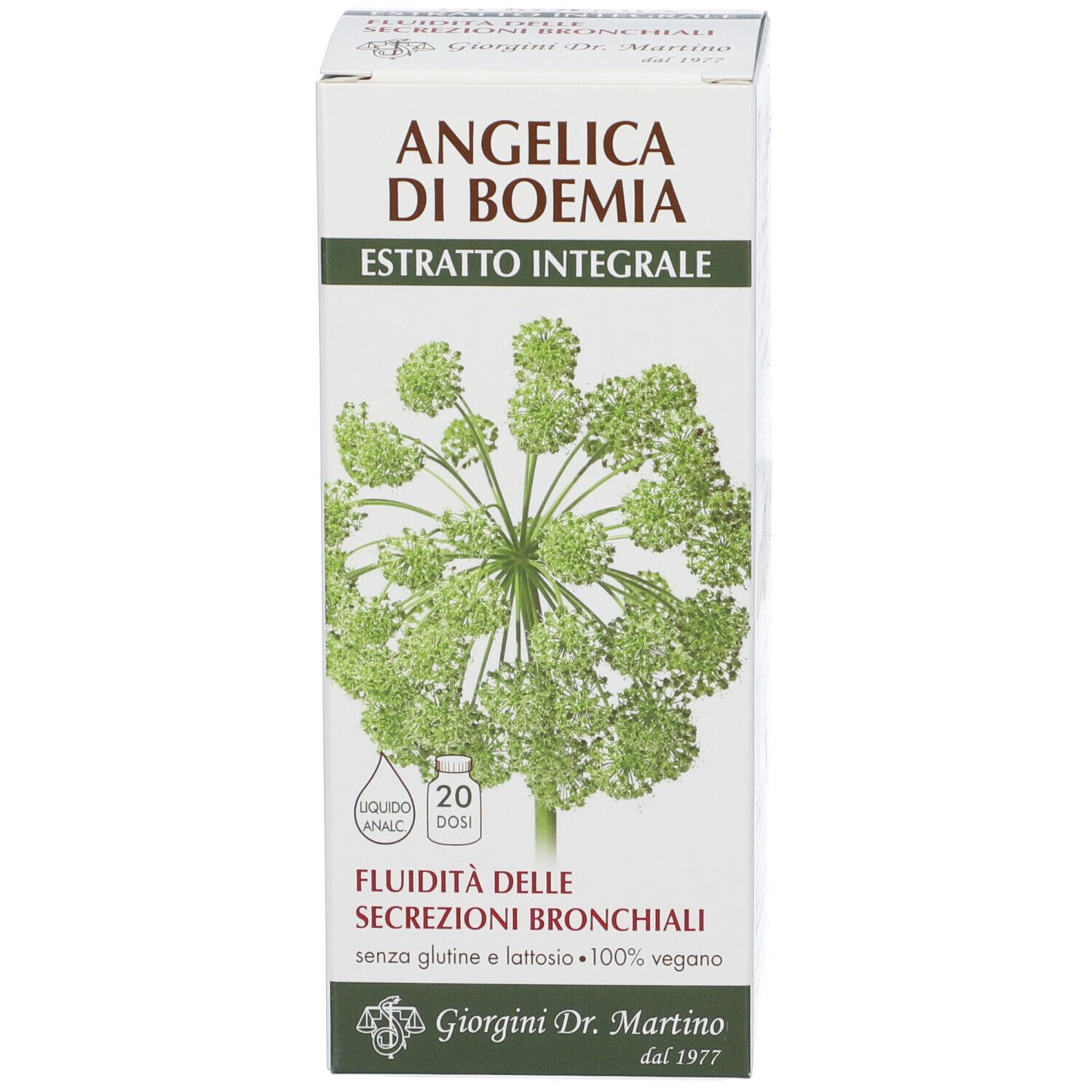 Confezione del prodotto. Bianca con immagine e testo. Marca: Giorgini Dr. Martino.