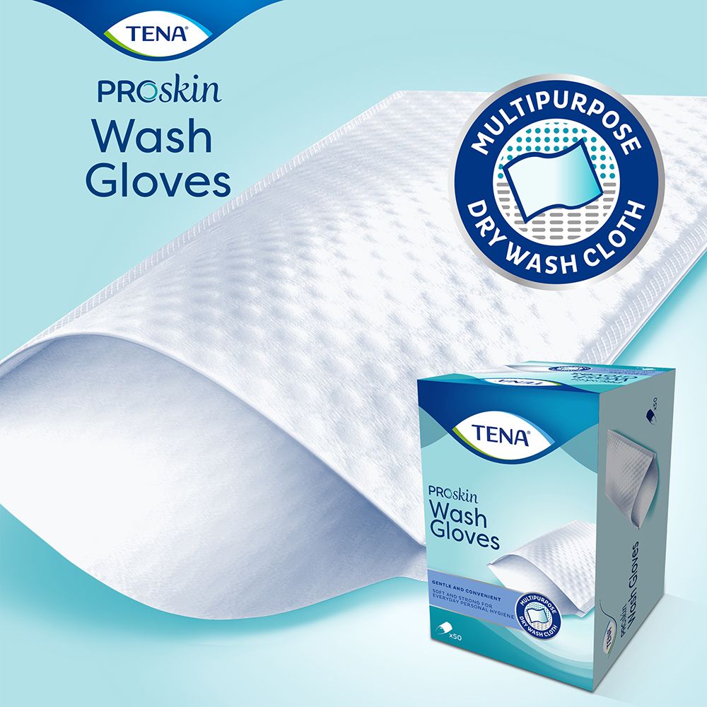 TENA ProSkin Wash Gloves. Prodotto e confezione. Logo e testo: Multipurpose Dry Wash Cloth.