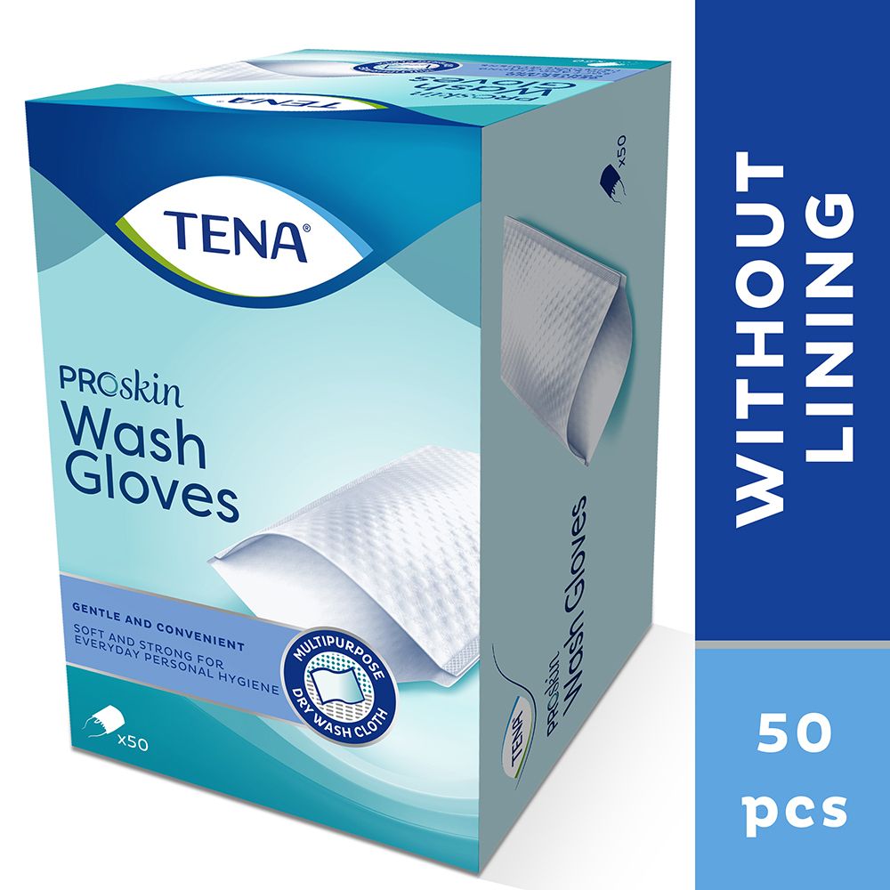 TENA ProSkin Wash Gloves. Scatola da 50. Testo: Gentle and convenient. Senza fodera.