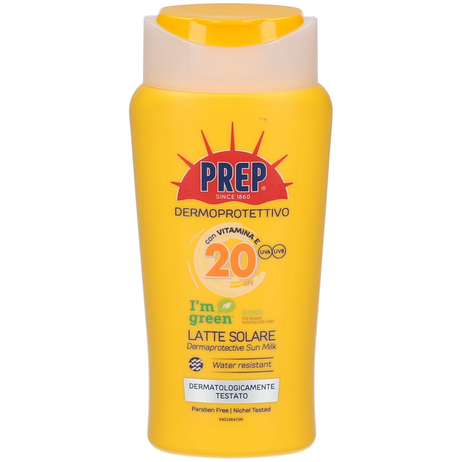 Flacone giallo PREP protezione solare SPF 20. Logo rosso, testo e tappo giallo. Dermatologicamente testato.