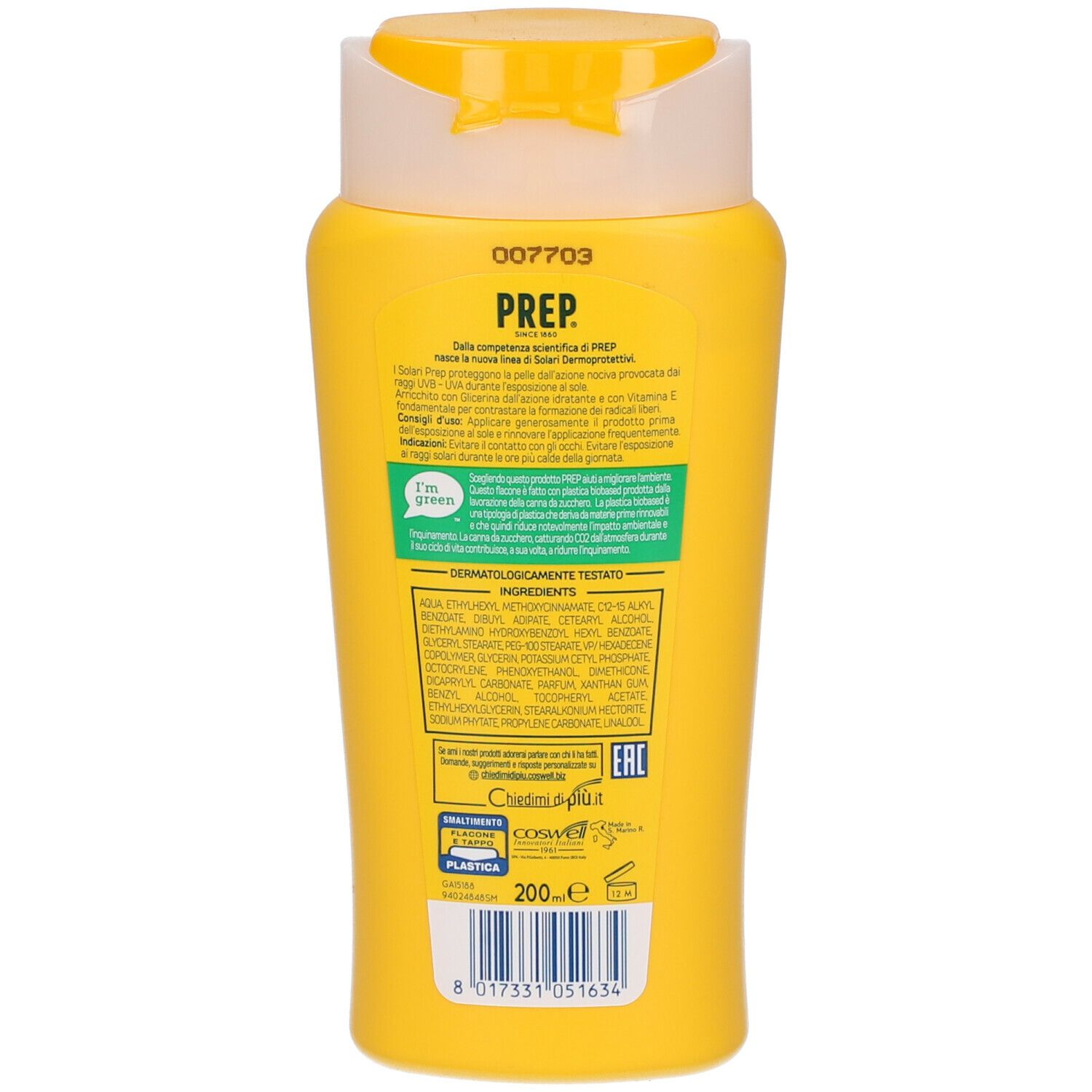Retro del flacone giallo PREP. Testo, ingredienti e loghi. Dermatologicamente testato. Con etichetta verde.